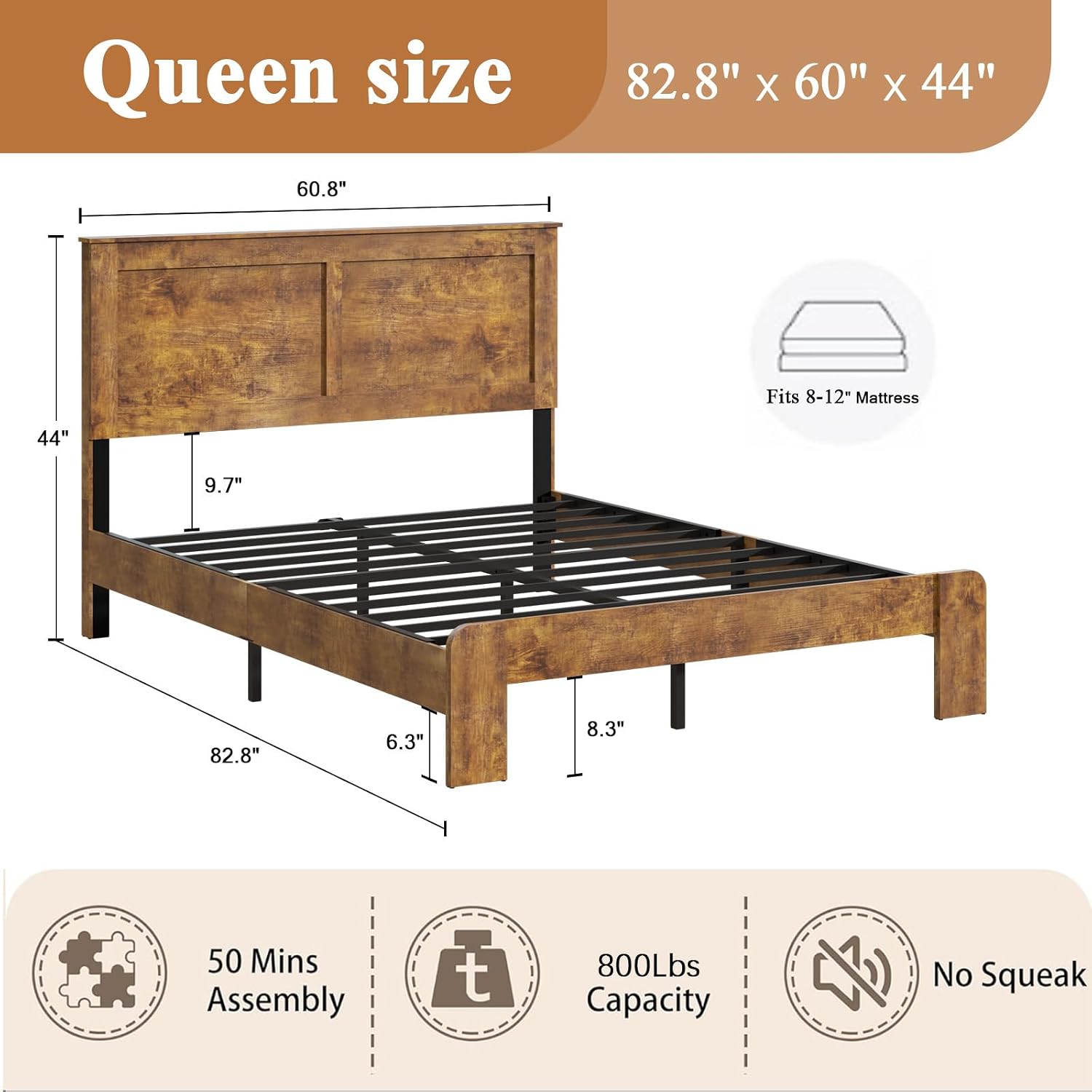 Wooden Bed Frame Queen Size with Headboard, Farmhouse Platform Bedframe with Metal Slat Support, Sturdy Framework Bed Frame, Easy Assembly (Rustic Brown)