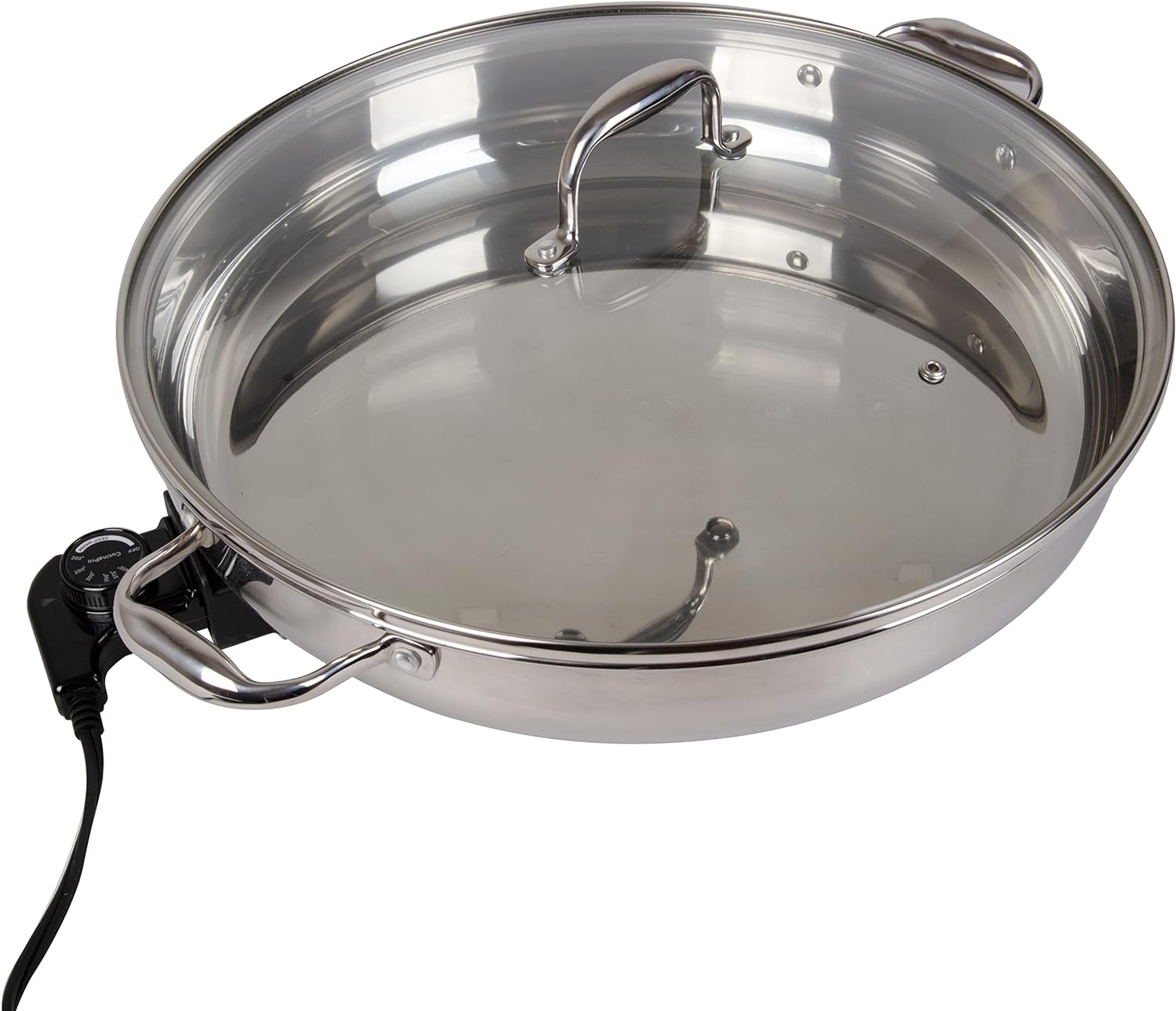 XL Electric 16' Skillet By CucinaPro- 18/10 Stainless Steel Frying Pan with Tempered Glass Lid and Handle, Round with Adjustable Temperature Control Probe, Portable, Includes Recipe Guide, Great Gift