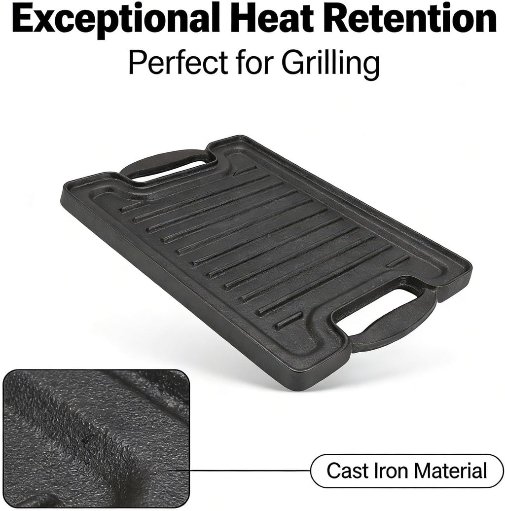 Cast Iron BBQ Grill Plate Rectangular, Thickened Even Heating Griddles for Meats Vegetables - Durable Heat, Multipurpose Cooking, Ideal for Outdoor and Indoor Use