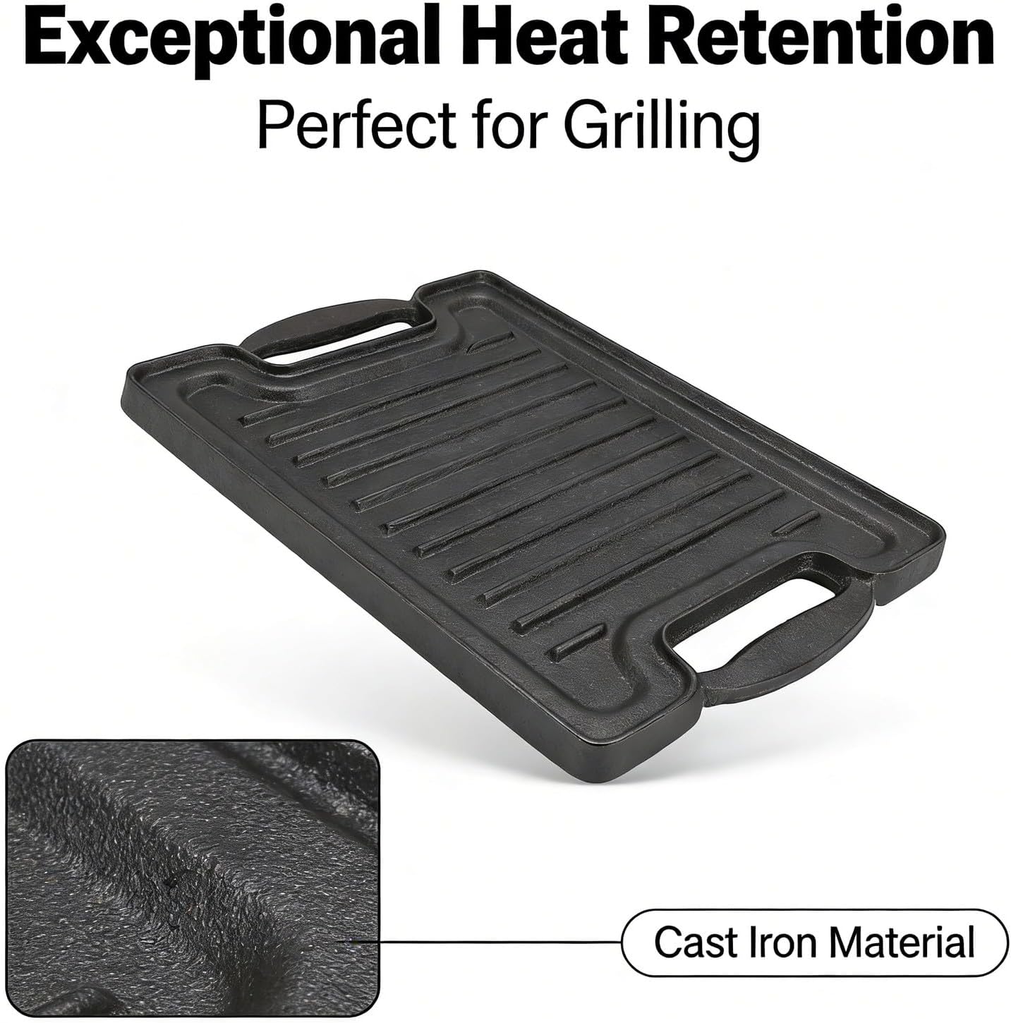 Cast Iron BBQ Grill Plate Rectangular, Thickened Even Heating Griddles for Meats Vegetables - Durable Heat, Multipurpose Cooking, Ideal for Outdoor and Indoor Use