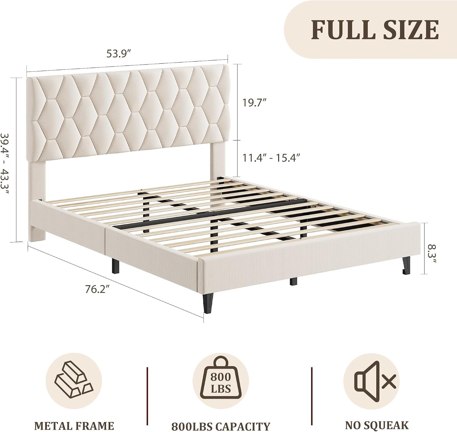 GarveeHome Beige Full Bed Frame with Headboard, Heavy-Duty Platform Bed Frame with Adjustable Headboard, Upholstered Mattress Foundation with Strong Wood Slat Support/No Box Spring Needed/Noise Free