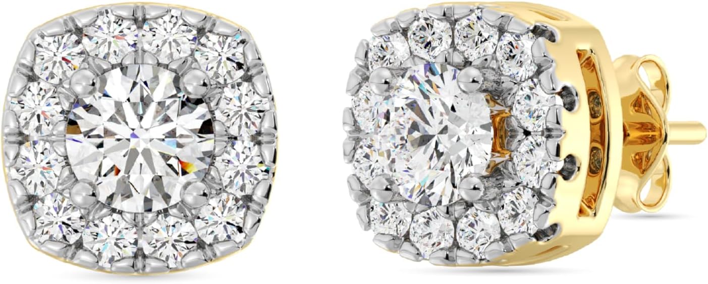 Gilded Lab-Grown Diamond Stud Earrings Sterling Silver and 14KT Yellow Gold Plated Silver| Cushion Halo Shaped Studs | Hypoallergenic Fine Jewelry | Prong Setting, Push Back Nut | SI1 Clarity, F Color 1/4, 1/2, ,1 ct tw