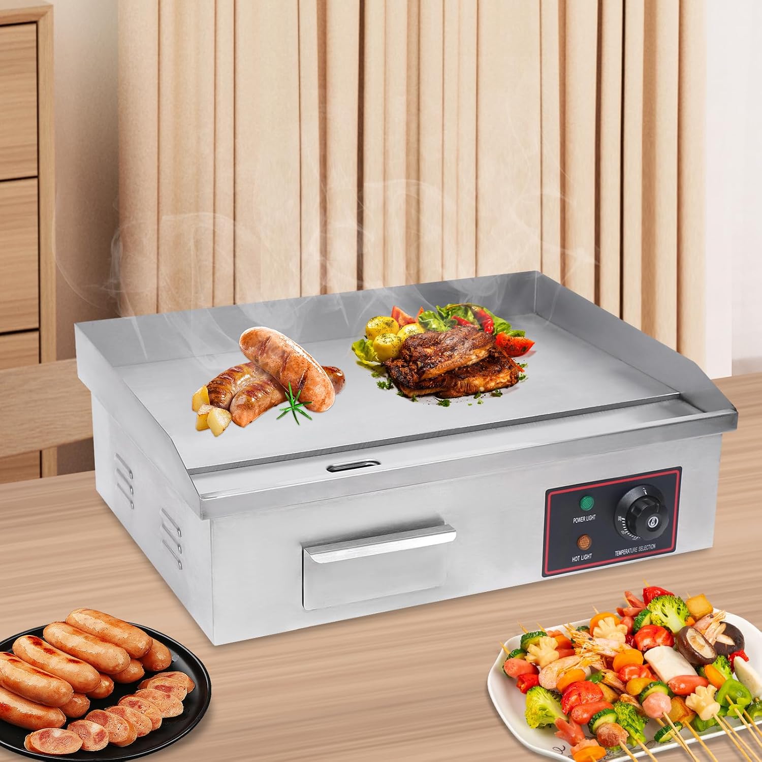 1600W Flat Top Grill Commercial Electric Griddle Adjustable Thermostatic Control Countertop Stainless Steel Restaurant Teppanyaki Cooking Stove for Outdoor Kitchen,Silver