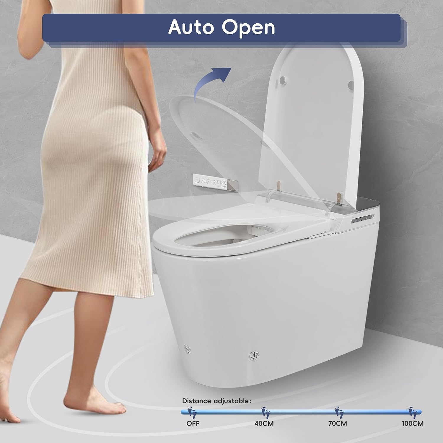 Tankless Smart Toilet with Bidet, Auto Lid, Foot Sensor, Heated Seat, Warm Water Wash & Dryer, Memory Function, Remote Control, LED Display, One-Piece White Ceramic Toilet