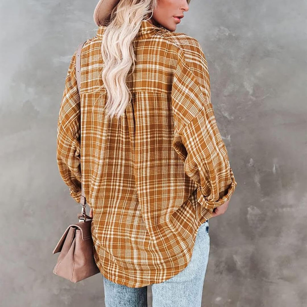 FMCHICO Womens Button Down Flannel Shirts Long Sleeve Plaid Shackets Business Casual Blouse Top