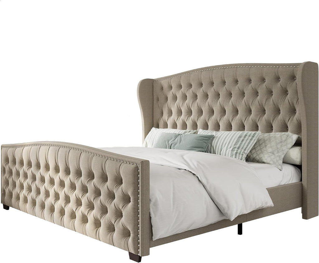 LUXOAK King Platform Bed Frame with Wingback Headboard, Velvet Upholstered Bed Frame with Handmade Button Tufted & Nailhead, Wooden Slats Support, Beige