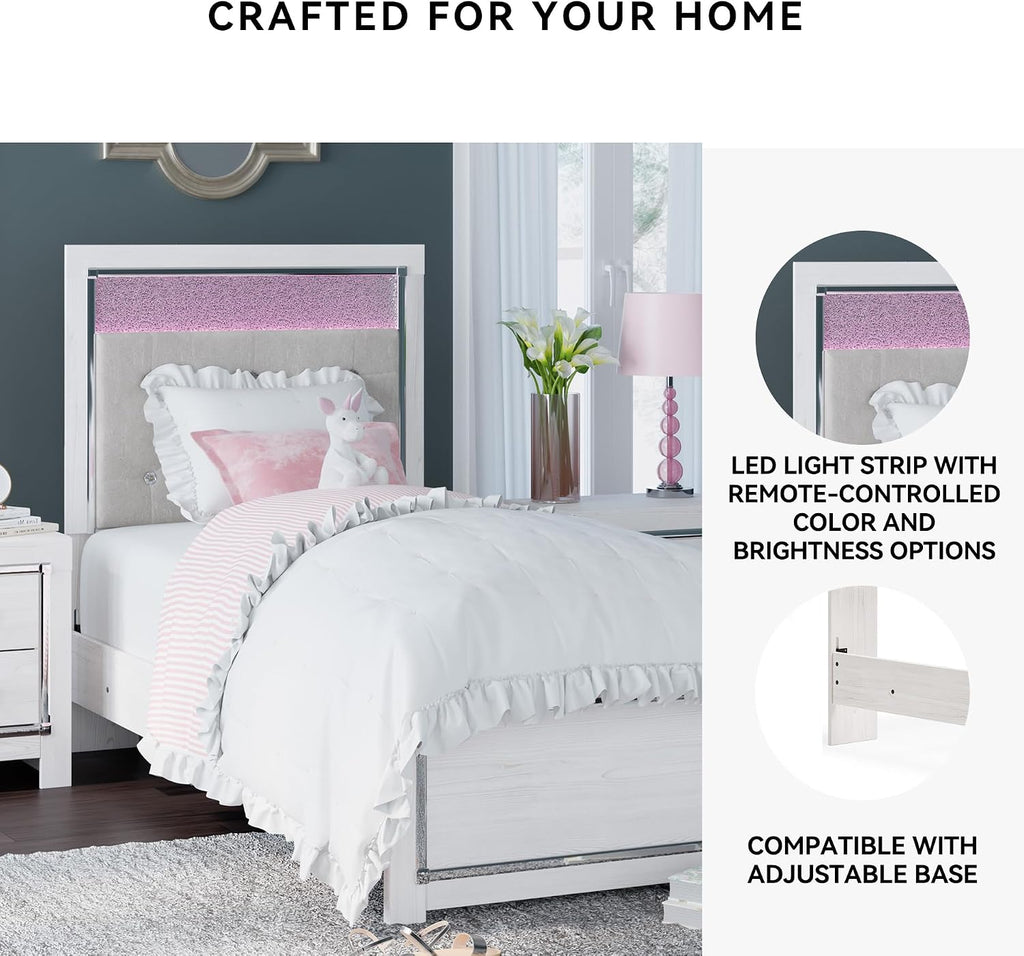 Signature Design by Ashley Altyra Contemporary Adjustable Tufted Twin Upholstered Panel Bed with LED Lights and Metal Slats, Foundation or Box Spring Needed, White & Gray