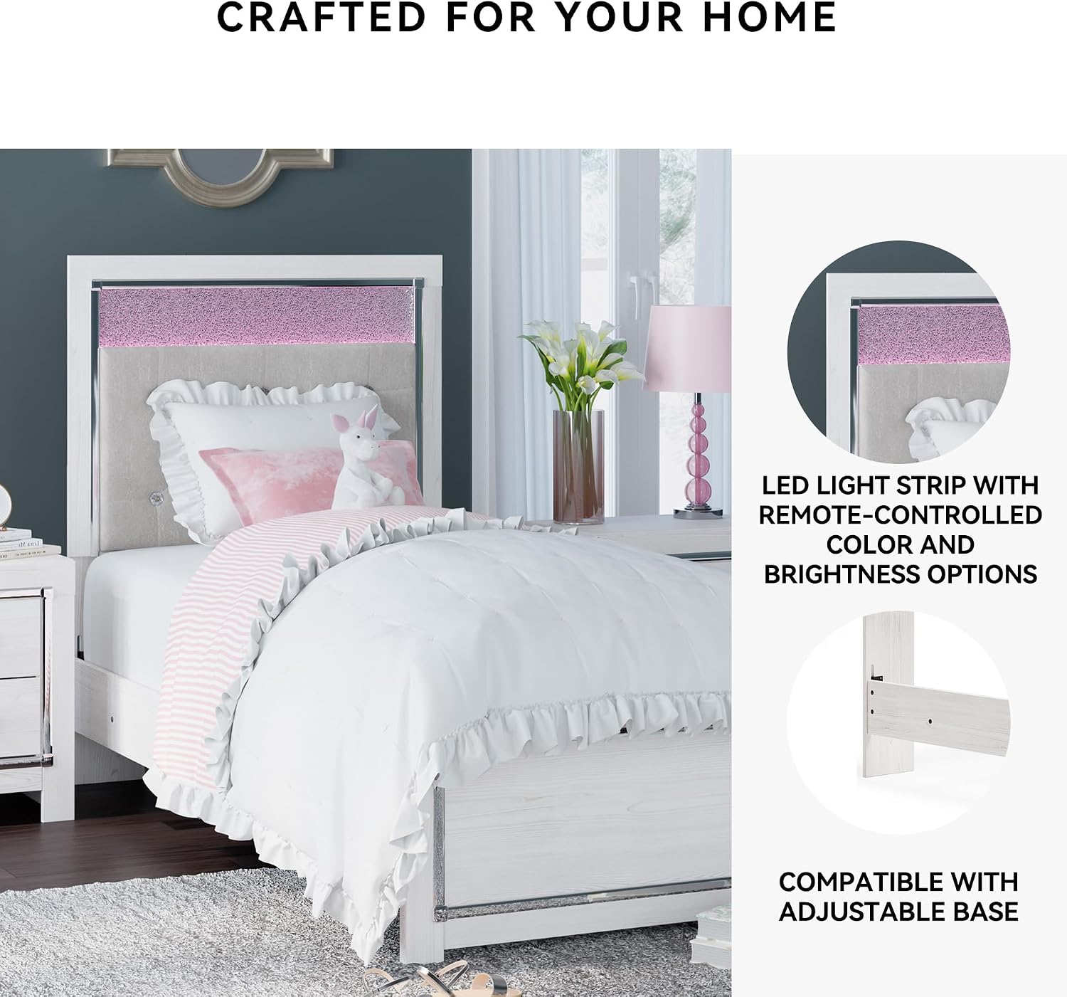 Signature Design by Ashley Altyra Contemporary Adjustable Tufted Twin Upholstered Panel Bed with LED Lights and Metal Slats, Foundation or Box Spring Needed, White & Gray