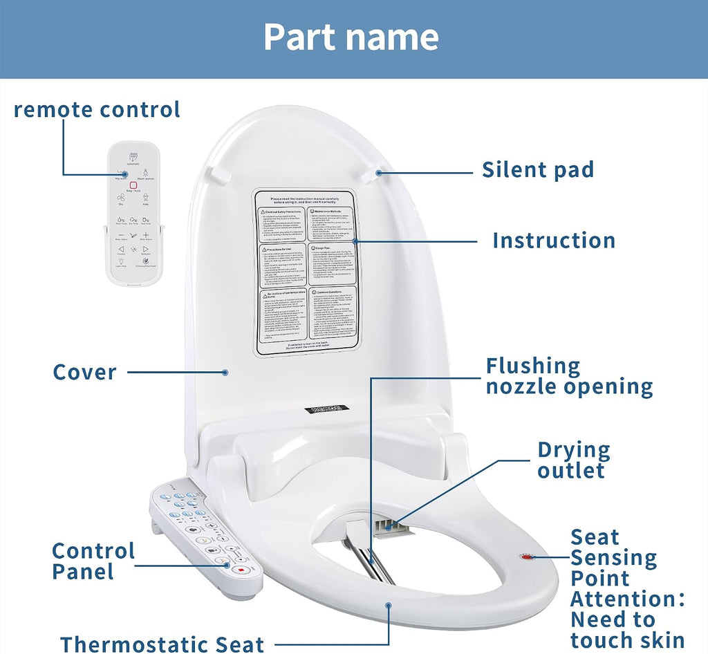 KERDE 08 Smart Electric Bidet Toilet Seat with Warm Air Dryer Heated Adjustable Warm Water Seat Temperature Self-Cleaning Nozzle Easy Installation for Most Toilets Elongated (Remote+Armrest)