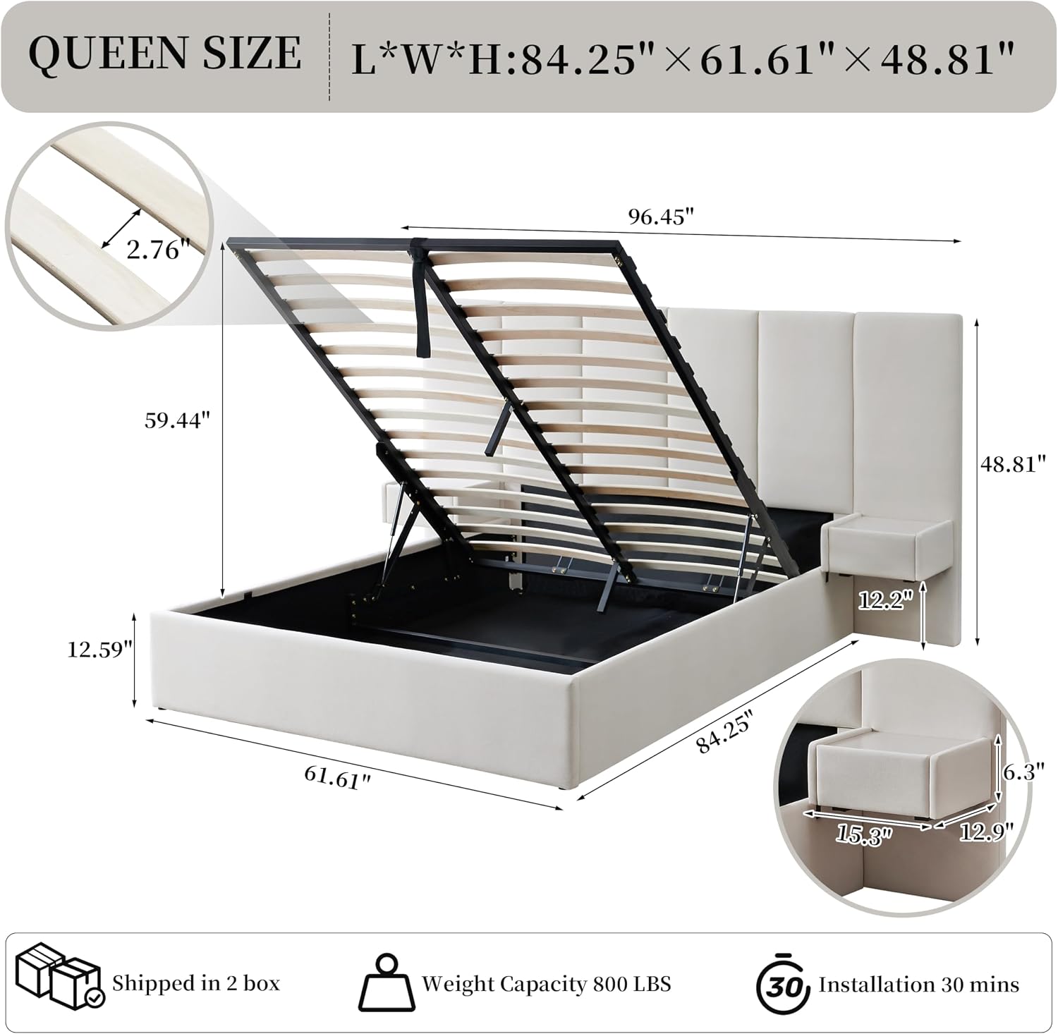 Queen Size Upholstered Platform Bed Frame with Lift-Up Storage, Velvet Headboard & Built-in Nightstands, No Box Spring Needed, Beige