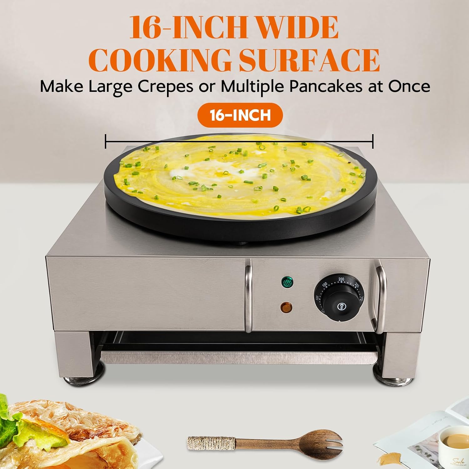16-Inch Electric Crepe Maker 2200W Commercial Griddle Machine, Flat Plate Crepe Griddle Non-stick Cast Iron Suace with Adjustable Temp Desktop Circular Pancake Stove