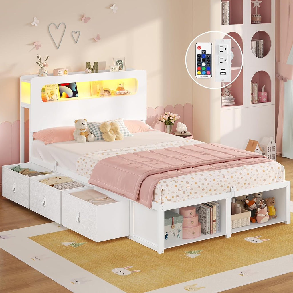 ADORNEVE Twin Bed Frame with 6 Storage Drawers & 2-Tier LED Headboard – Kids Girls Bed with Power Outlets & RGB Lights, 2 Footboard Cubbies– Space-Saving No Box Spring Needed, White