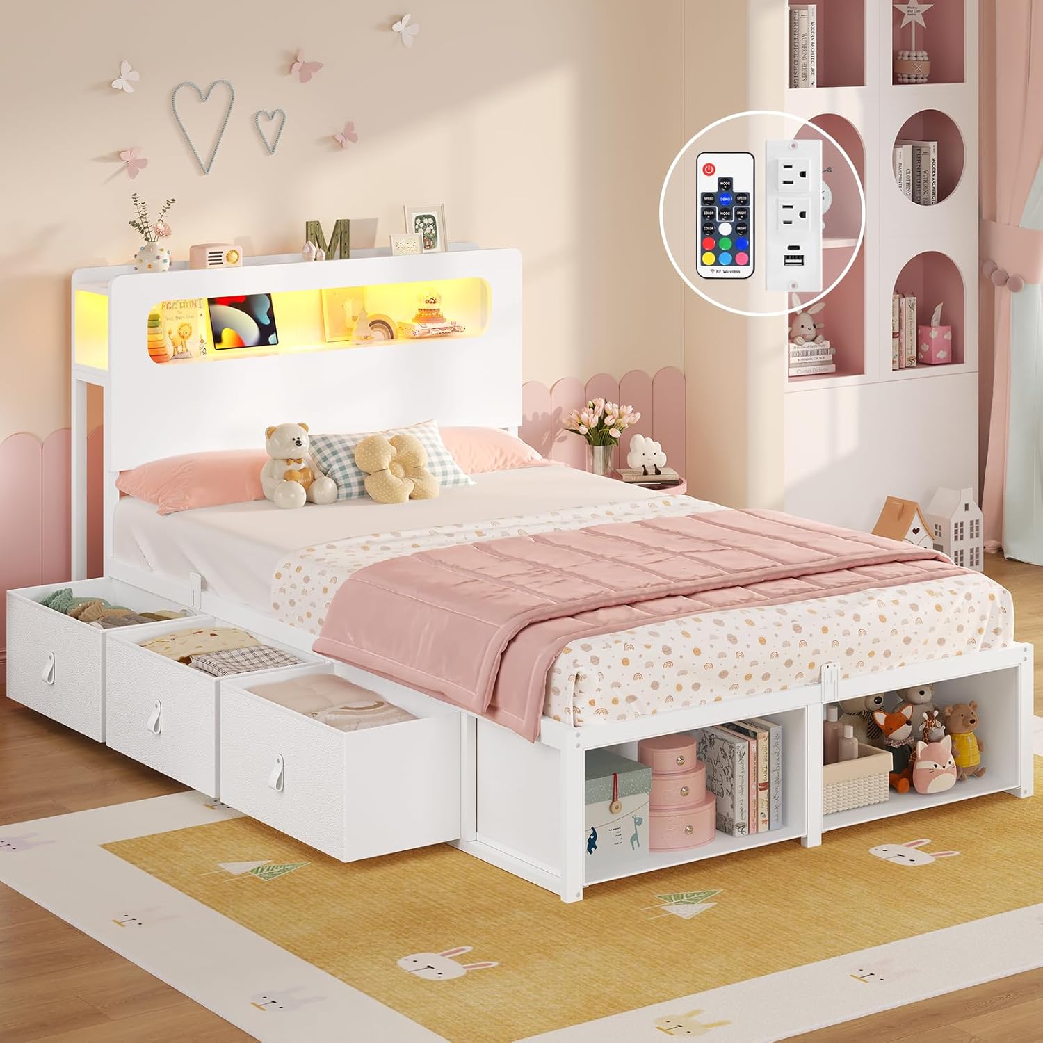 ADORNEVE Twin Bed Frame with 6 Storage Drawers & 2-Tier LED Headboard – Kids Girls Bed with Power Outlets & RGB Lights, 2 Footboard Cubbies– Space-Saving No Box Spring Needed, White