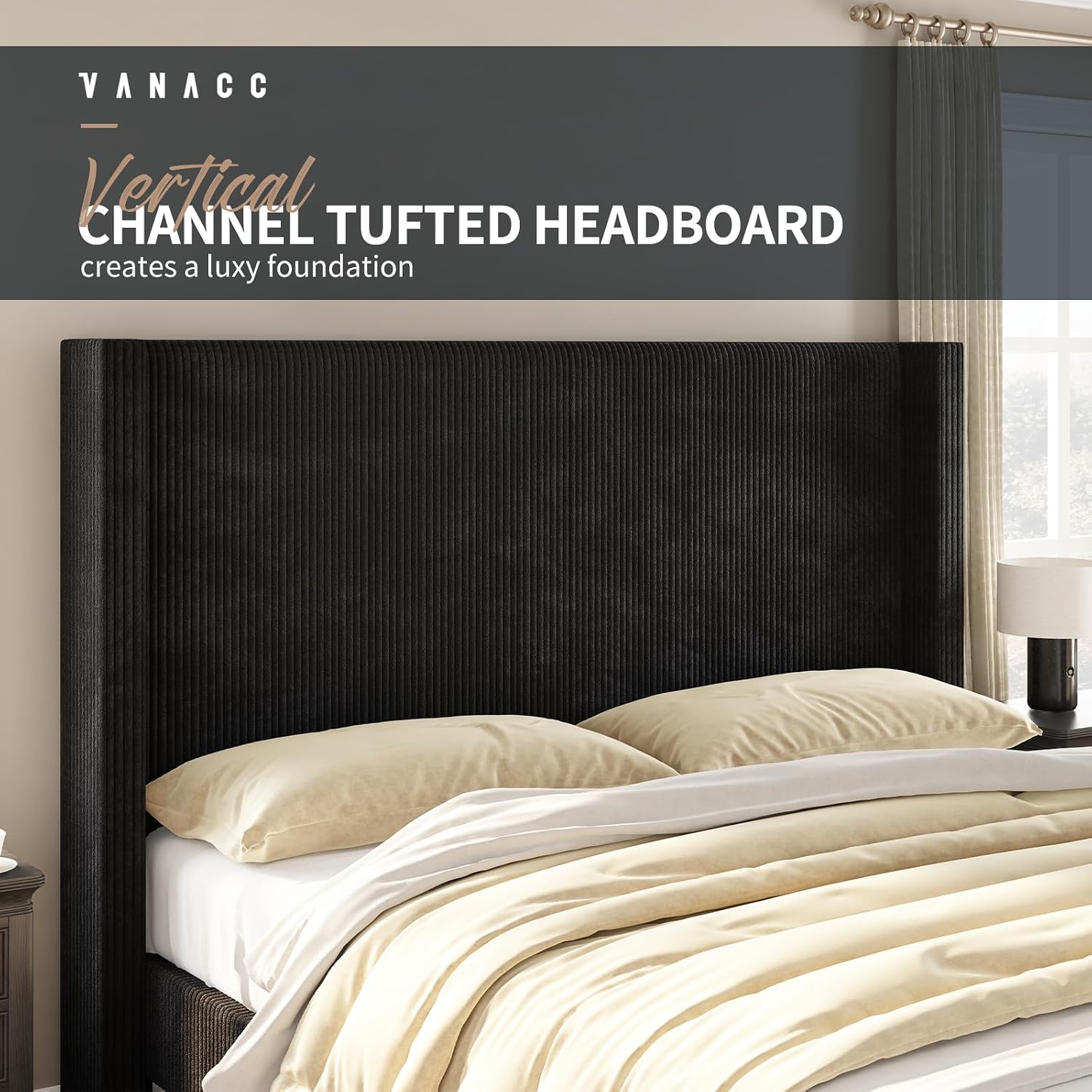 VanAcc King Size Platform Bed Frame, 50.8' Corduroy Upholstered Bed with Vertical Channel Tufted Headboard/Wooden Slats/Wingback/No Box Spring Required/Black