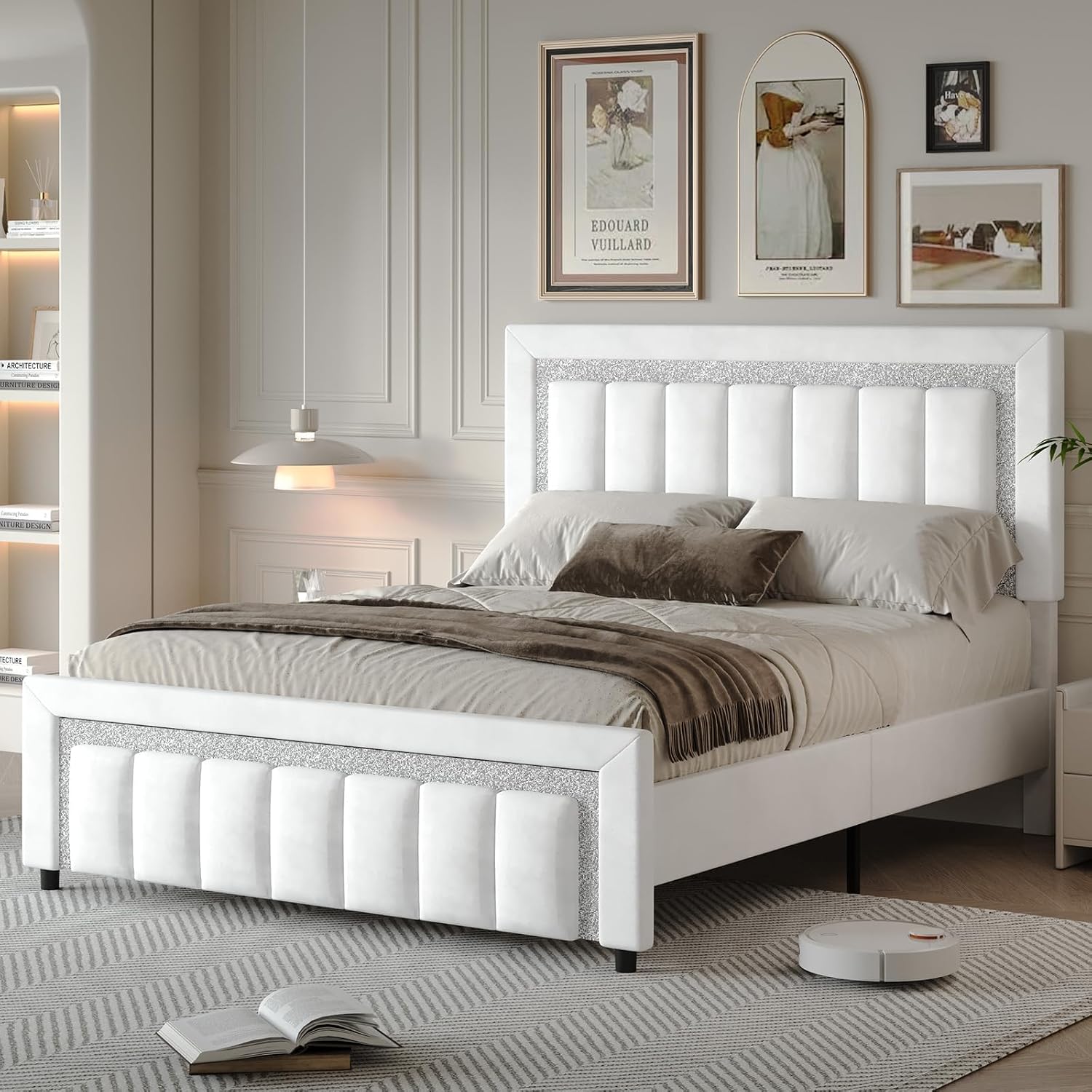 HOMBCK Full Size Bed Frame, Full Bed Frames with Upholstered Headboard, Princess Platform Bed with Diamond Design and Wooden Slats Support, No Box Spring Needed, Easy Assembly, White