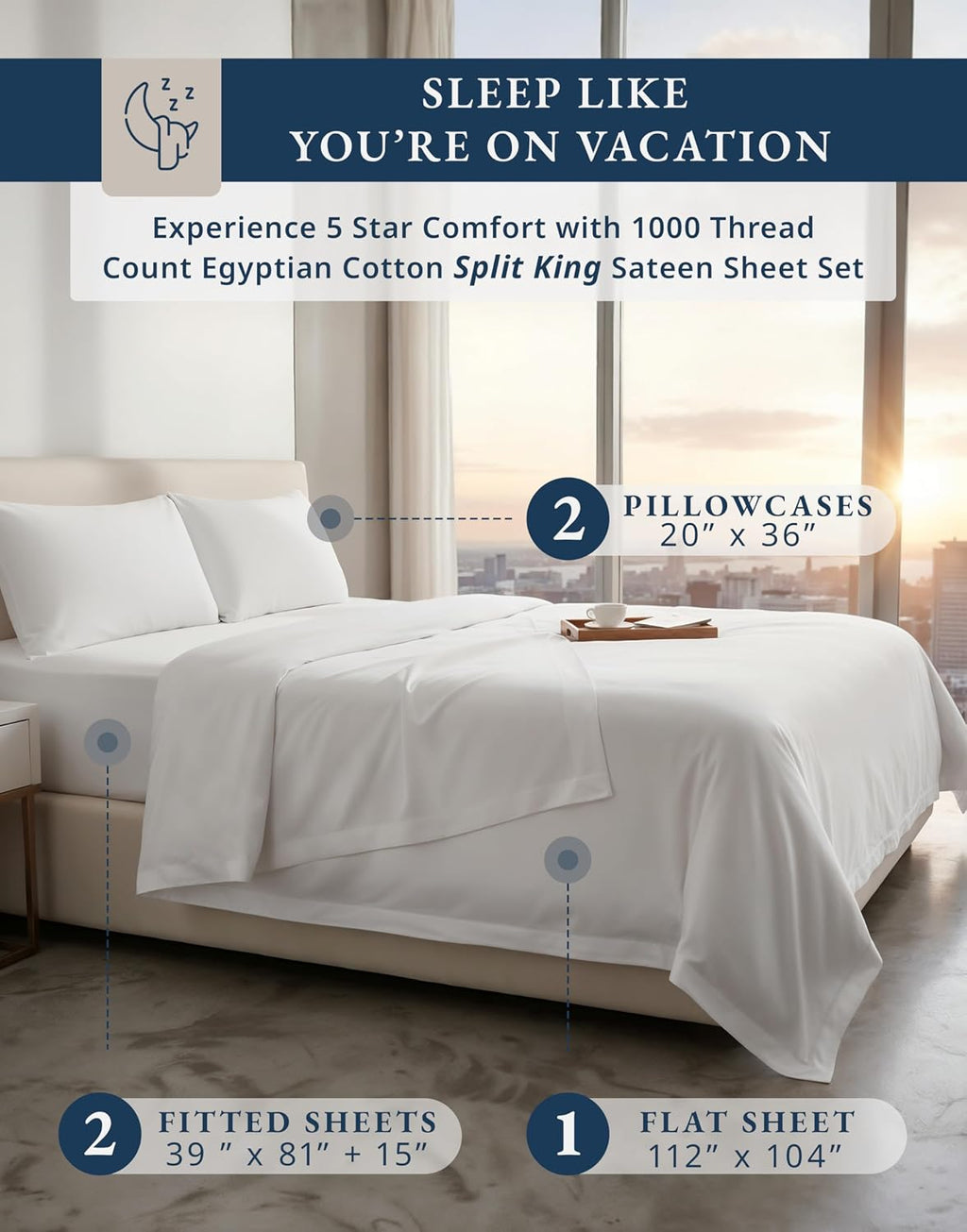 LANE LINEN 100% Egyptian Cotton Split King Bed Sheets for Adjustable Beds Soft & Comfy Luxury Hotel Style Thick Split King Sheet Set - 1000 Thread Count, Fully Elasticized Reinforsed Seams - White