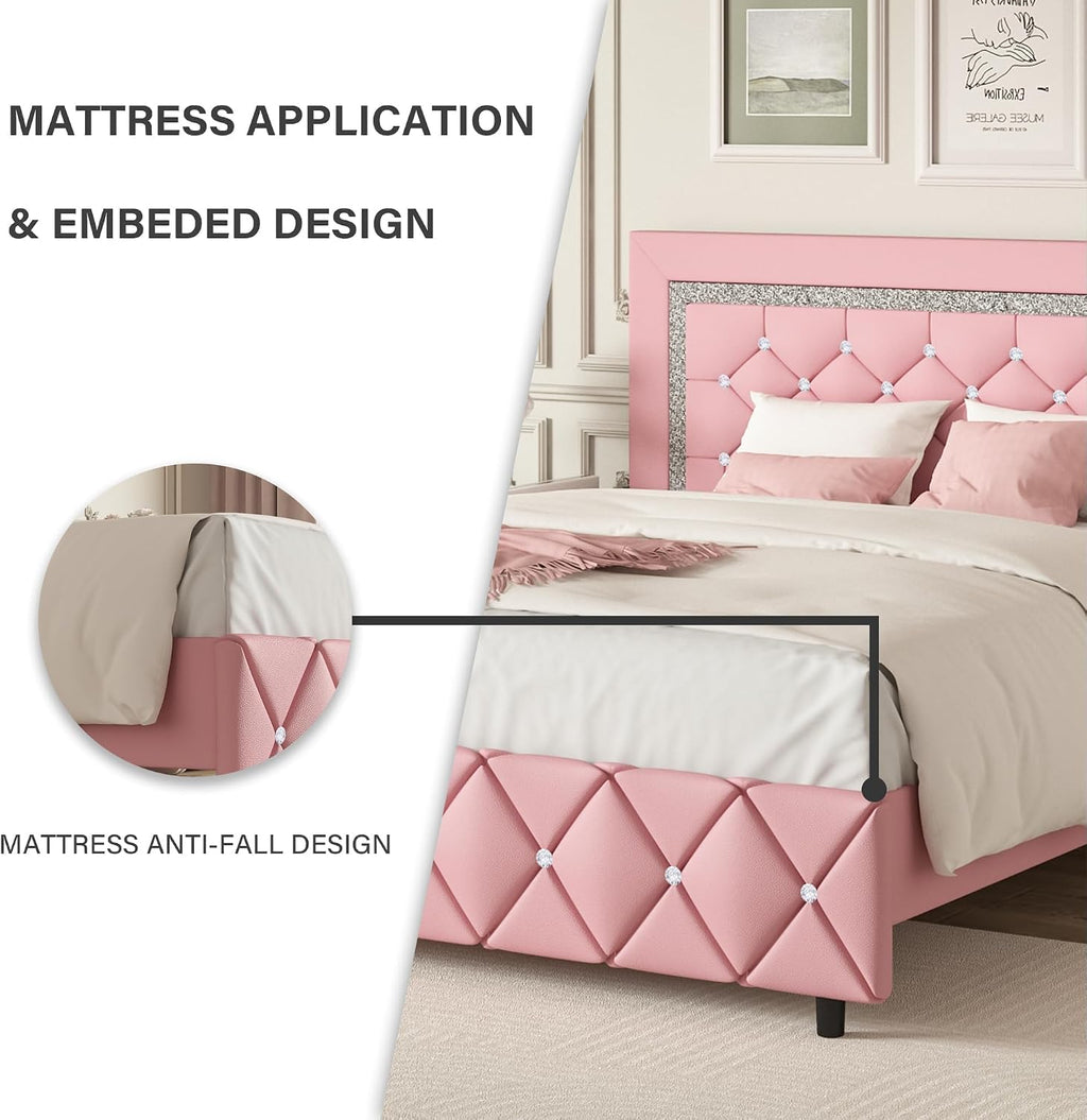 BarnFurin King Size Bed Frame, Faux Leather Upholstered Bed with Diamond Tufted Headboard, Modern King Size Bed with Wooden Slats Support, No Box Spring Required, Easy Assembly, Pink