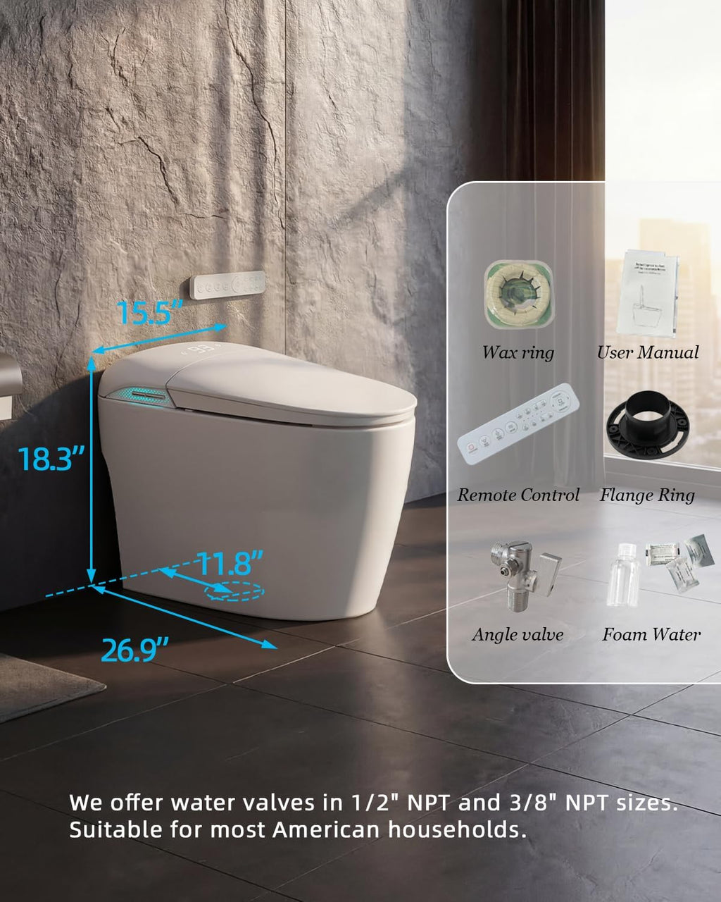 TOTTE Smart Toilet with Bidet Built-in, Automatic Lid, Heated Seat & Dryer, ADA Comfort Height Bidet Toilet, Foam Shield, Night Light, Instant Warm Water, Built-in Aroma System for Modern