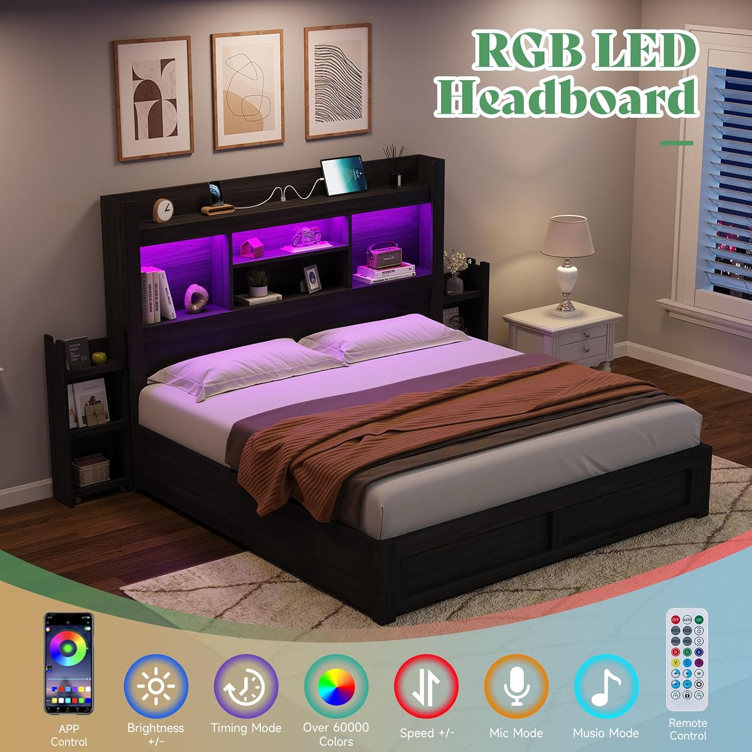 AMERLIFE Full Size Bed Frame with 4 Storage Drawers, LED Bed Frame with 49.6' Tall Bookcase Headboard, Wood Platform Bed with Charging Station & 2 Slide Bedside Shelf, No Box Spring Needed/Black
