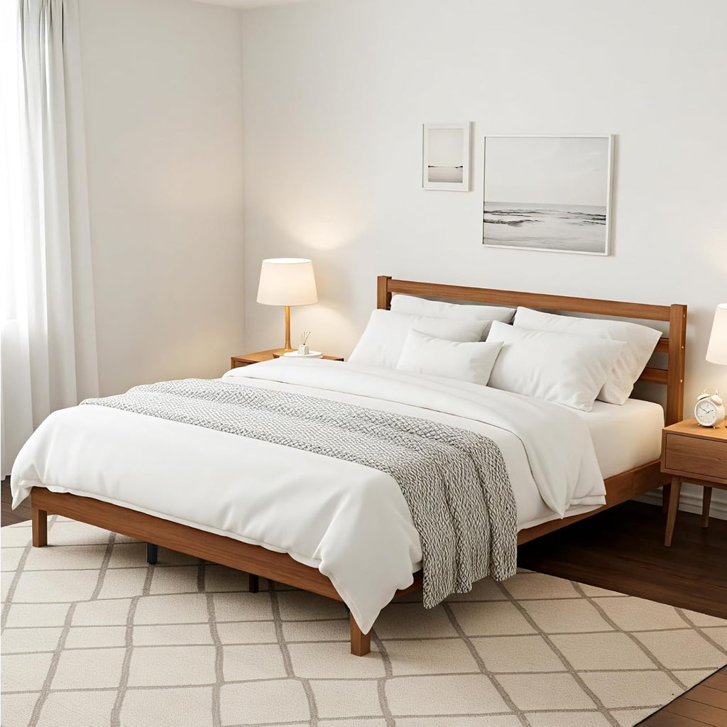 Sweetcrispy Solid Wood Bed Frame - Queen Size Mattress Foundation with Headboard, No Box Spring Needed with 1100LBS Sturdy Wooden Slats Support, Noise Free, Easy Assembly