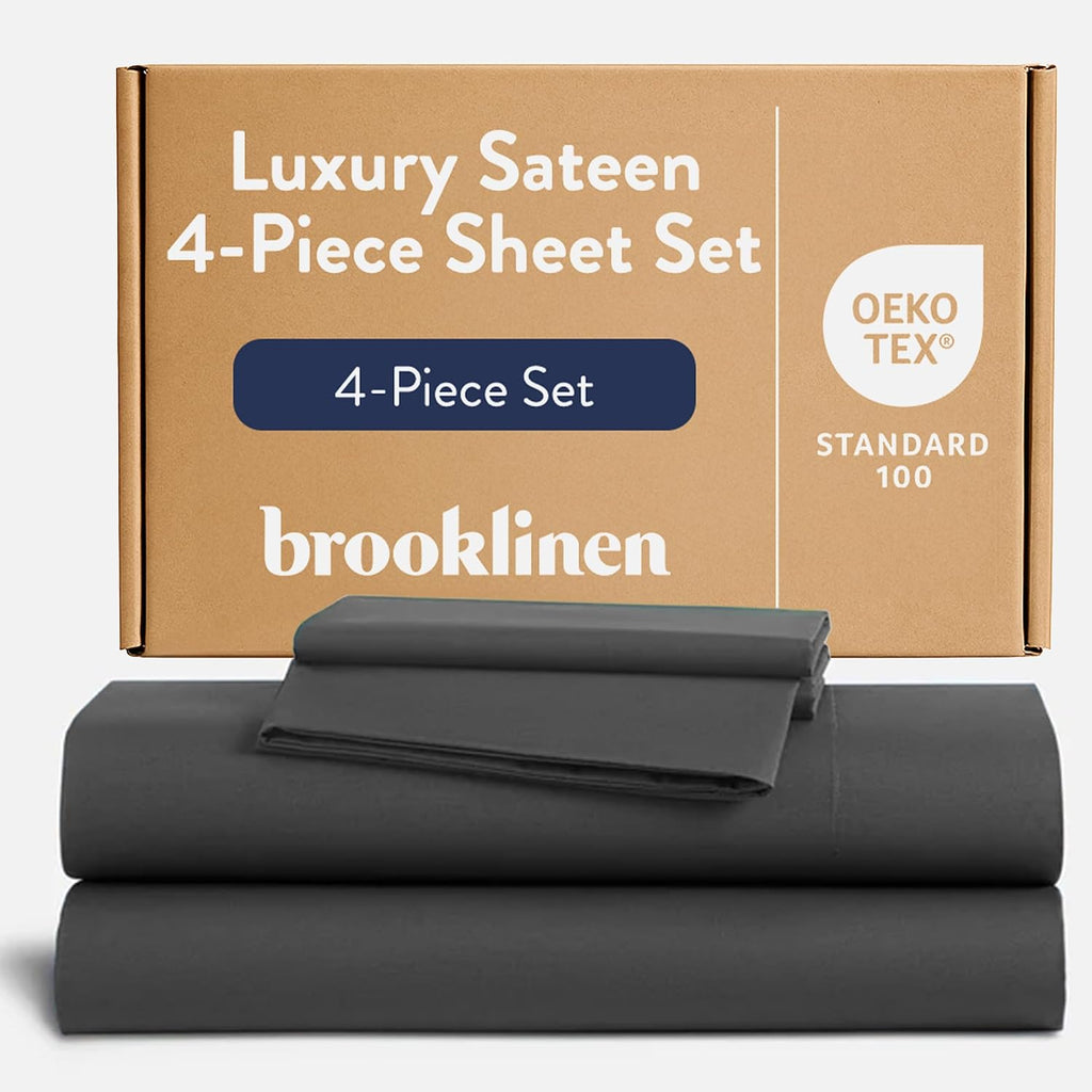 Brooklinen Luxury Sateen 4 Piece Sheet Set - 100% Cotton Bed Sheets, Soft & Durable Full Size Sheets Set in Slate Grey, Oeko-TEX Certified Bedding Set, 1 Fitted Sheet, 1 Flat Sheet, 2 Pillowcases