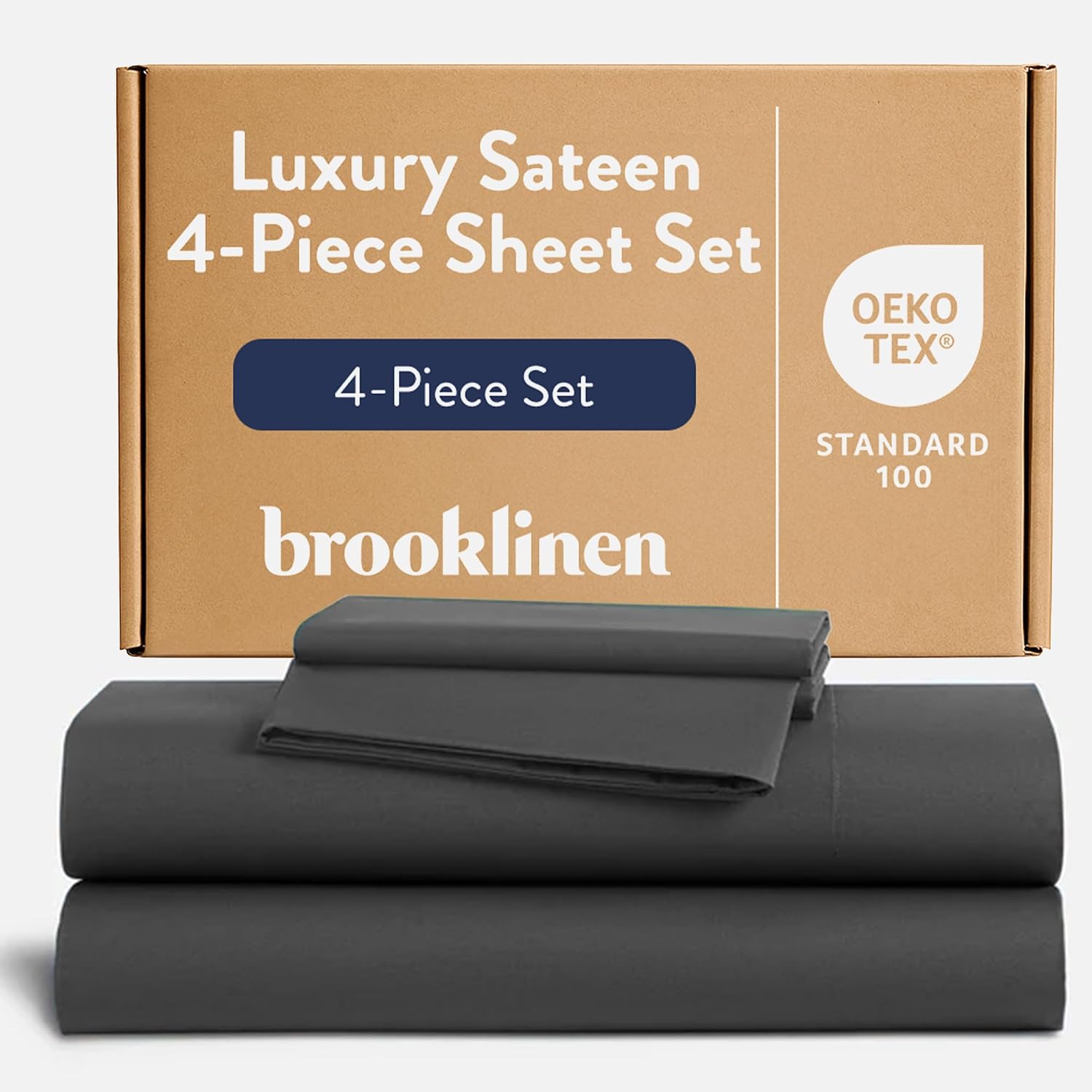 Brooklinen Luxury Sateen 4 Piece Sheet Set - 100% Cotton Bed Sheets, Soft & Durable Full Size Sheets Set in Slate Grey, Oeko-TEX Certified Bedding Set, 1 Fitted Sheet, 1 Flat Sheet, 2 Pillowcases