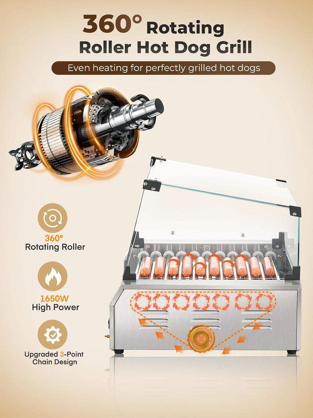 HOUSNAT Hot Dog Roller, 11 Rollers 30 Hot Dogs Capacity, 1650W Stainless Steel Hot Dog Machine with Dual Temperature Control, Bun Warmer Shelf, Glass Hood & Removable Drip Tray for Kitchen Restaurant