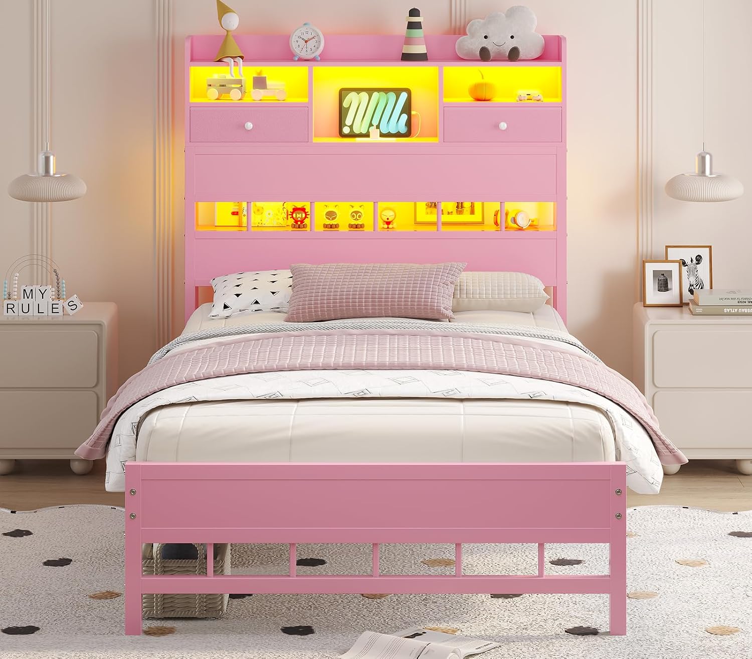 BTHFST Twin Bed Frame with Storage Headboard & Charging Station, LED Bed Frame Twin with 5 Shelves & Under Bed Storage, Platform Bed Frames for Kids, No Box Spring Needed, Pink