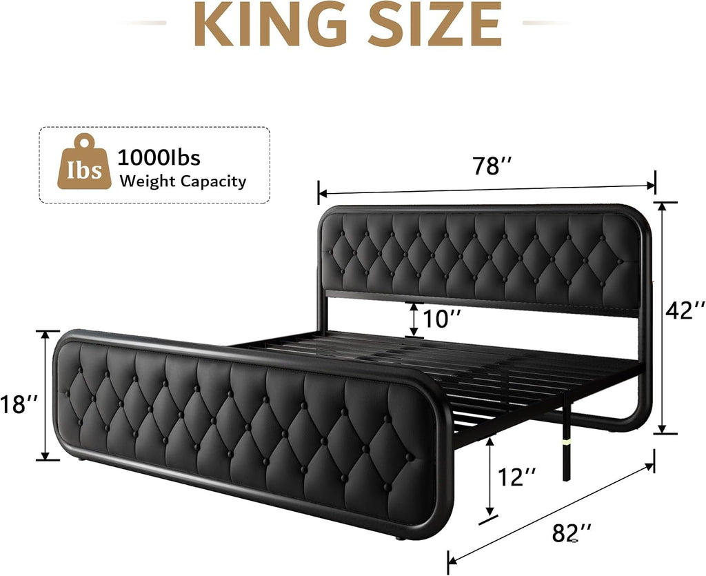 iPormis King Size Metal Bed Frame with Leather Headboard, Heavy-Duty Platform Bed Frame, Thicker Metal Steel Slats Support, 12'' Under-Bed Space, Noise-Free, Easy Assembly, Black