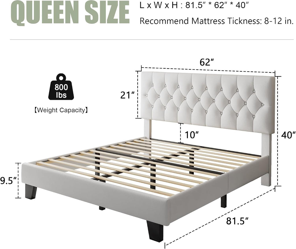 Feonase Velvet Queen Platform Bed Frame with Button Tufted Headboard, Upholstered Bed with Wooden Slats Support, No Box Spring Needed, Easy Assembly, Noise-Free, White