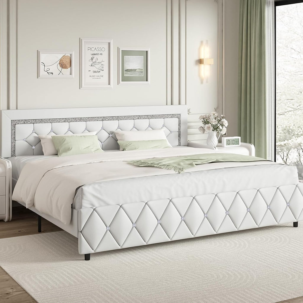 BarnFurin King Size Bed Frame and Headboard, Faux Leather Upholstered Bed with Diamond Tufted Design, Modern Platform Bed Frame with Wooden Slats Support, No Box Spring Required, Easy Assembly, White