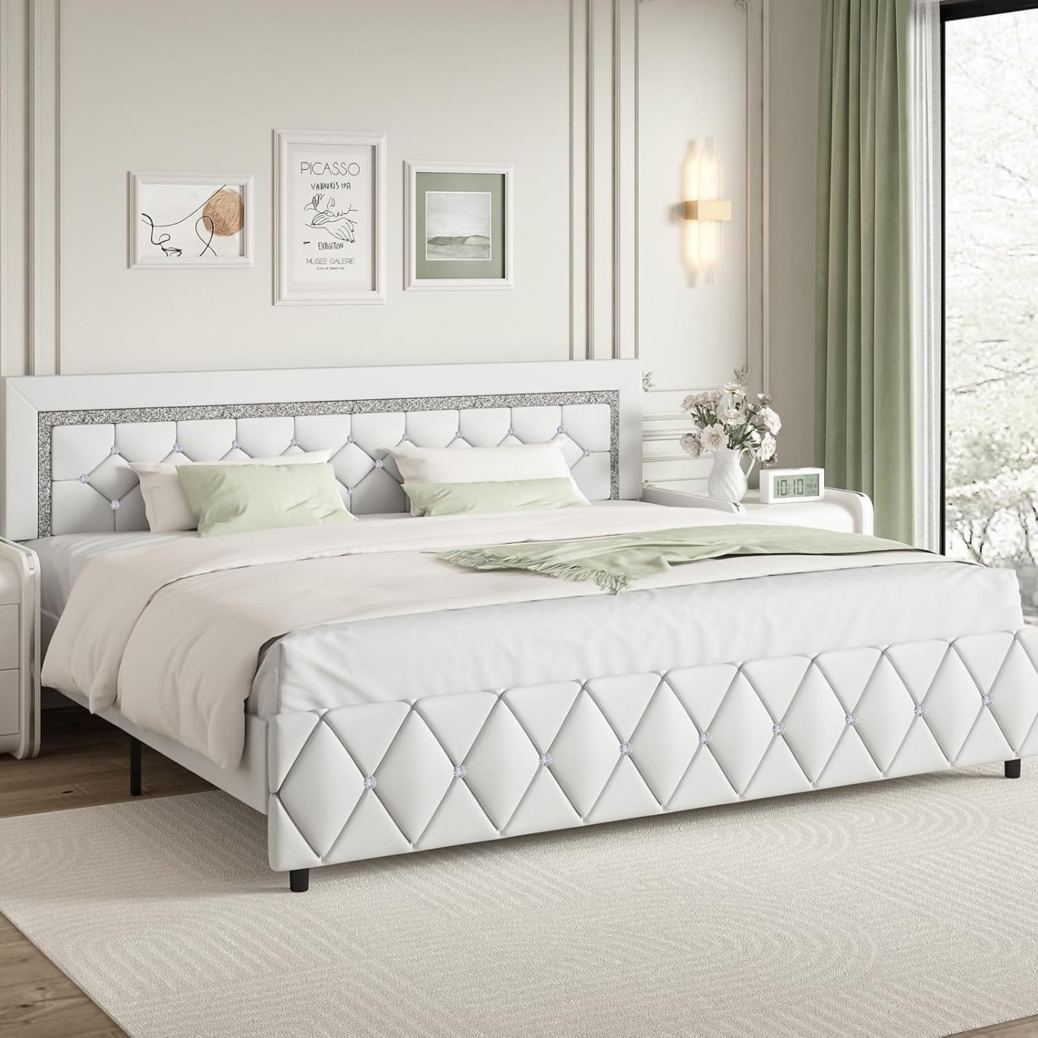 BarnFurin King Size Bed Frame and Headboard, Faux Leather Upholstered Bed with Diamond Tufted Design, Modern Platform Bed Frame with Wooden Slats Support, No Box Spring Required, Easy Assembly, White