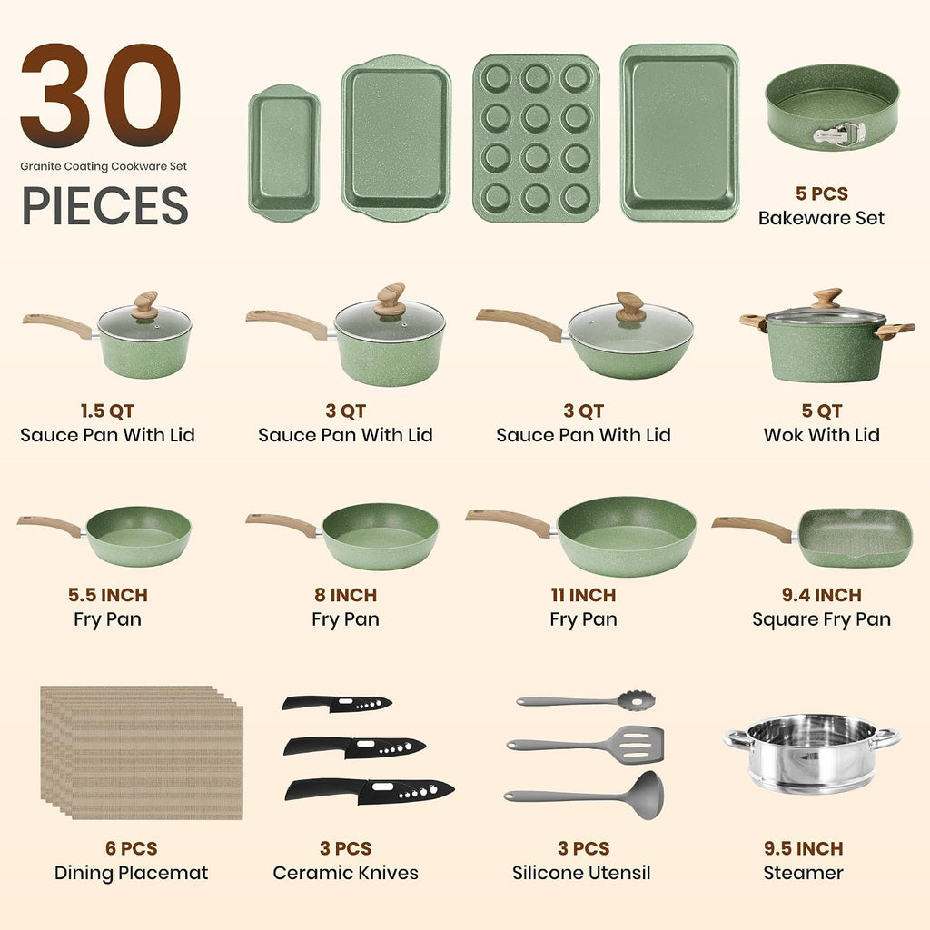 Kitchen Academy Pots and Pans Set Non Stick, 30 Pieces Induction Cookware and Bakeware, Green Granite Coating Cooking Sets