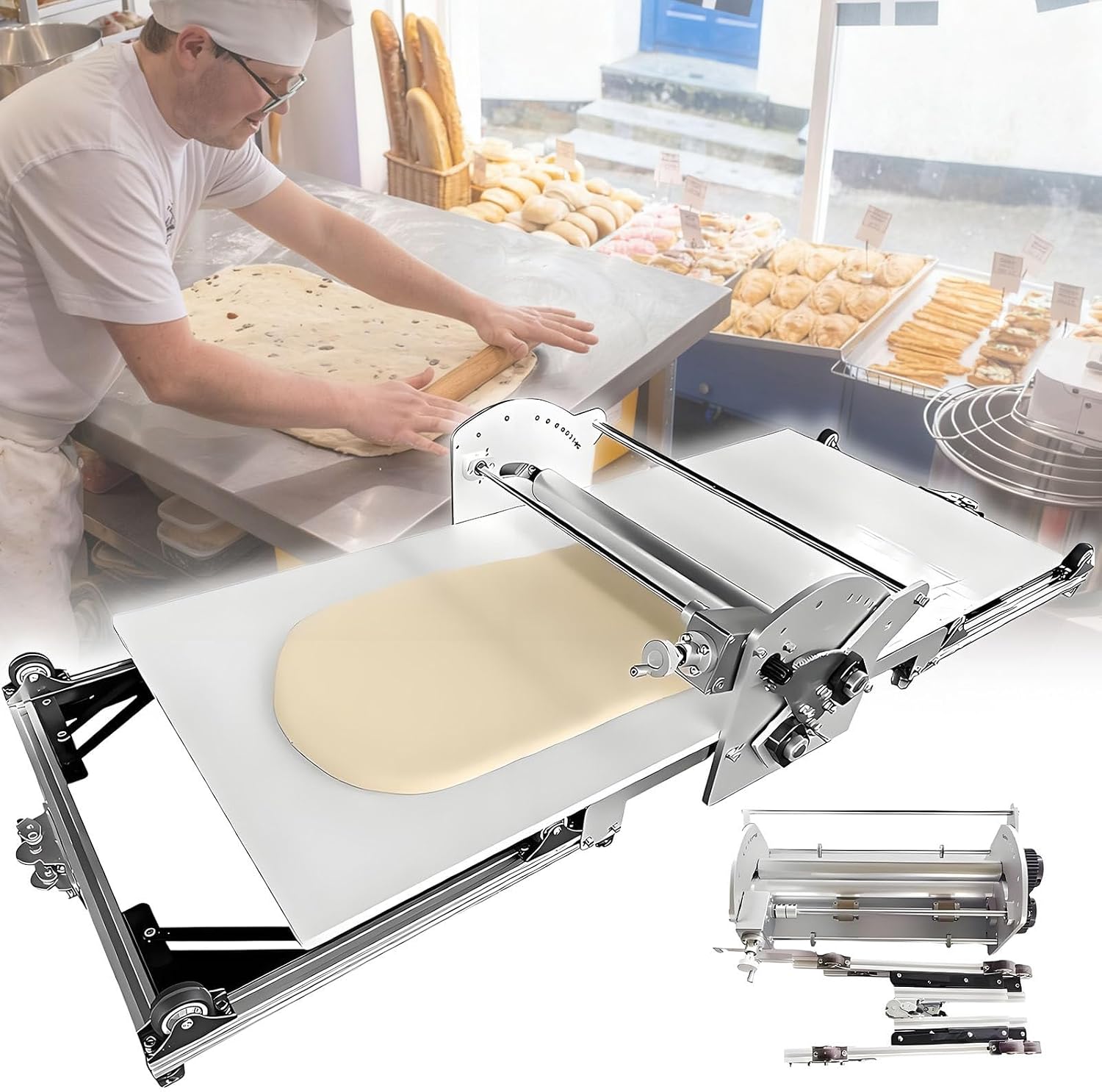 17.7' Folding Dough Sheeter, Dough Rolling Machine, Electric Dough Sheeter Machine for Home, Stainless Steel Dough Machine with 0.08'-1.18' Adjustable Thicknesses