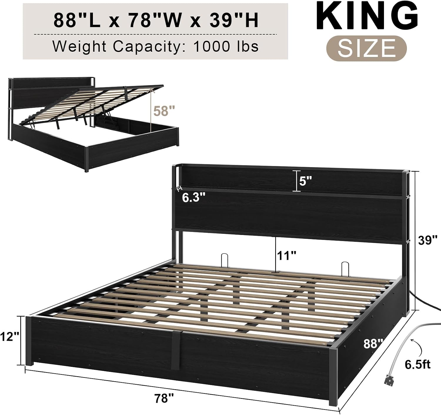 AMERLIFE King Size Lift Up Storage Bed Frame, Wooden Platform Bed Frame with Lifting Storage & Charging Station, No Spring Box Needed/Noise Free, Black