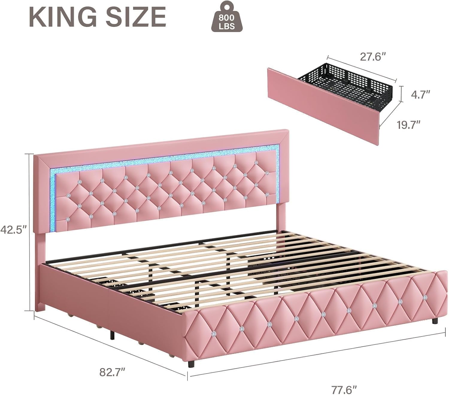 Pink King Size Bed Frame with LED Lights, Upholstered Platform Bed with Diamond Tufted Headboard, Princess Bed Frame with Storage Drawers, Wooden Slats Support, No Box Spring Needed, Easy Assembly