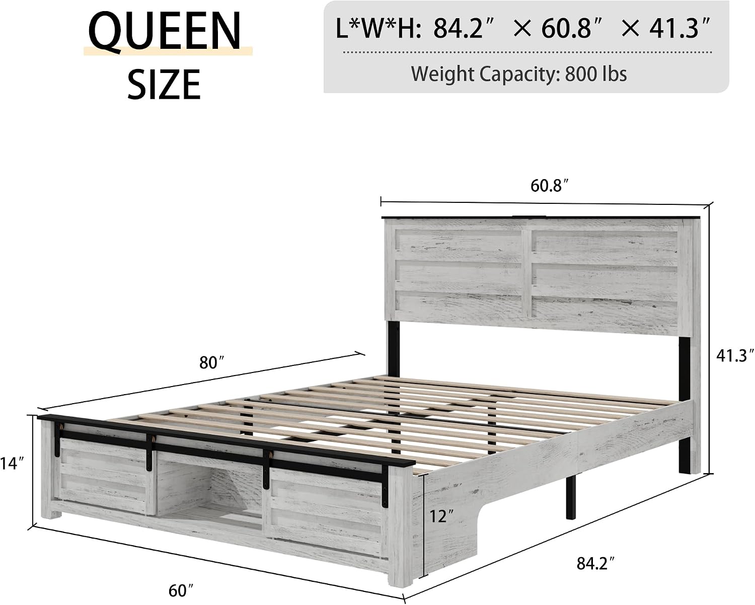 Wooden Queen Size Bed Frame with Headboard, Boho White Farmhouse Storage Bedframe with Sliding Barn Door Footboard and Charging Station, Wood Slats, No Box Spring Needed