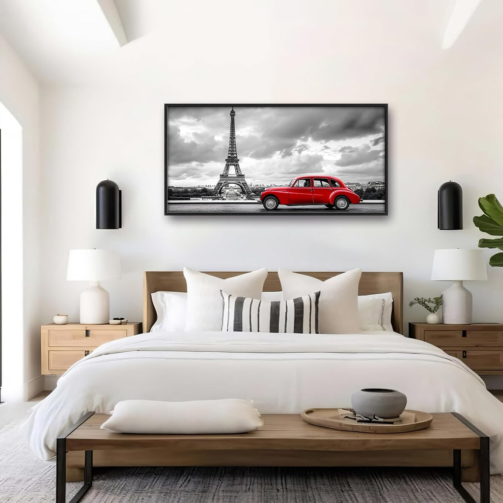 Eiffel Tower Large Wall Art Black and White Framed Red Wall Decor for Living Room Paris City Pictures Oversized Canvas Print Painting Modern Extra Large Framed Artwork for Bedroom Office 60'x30'