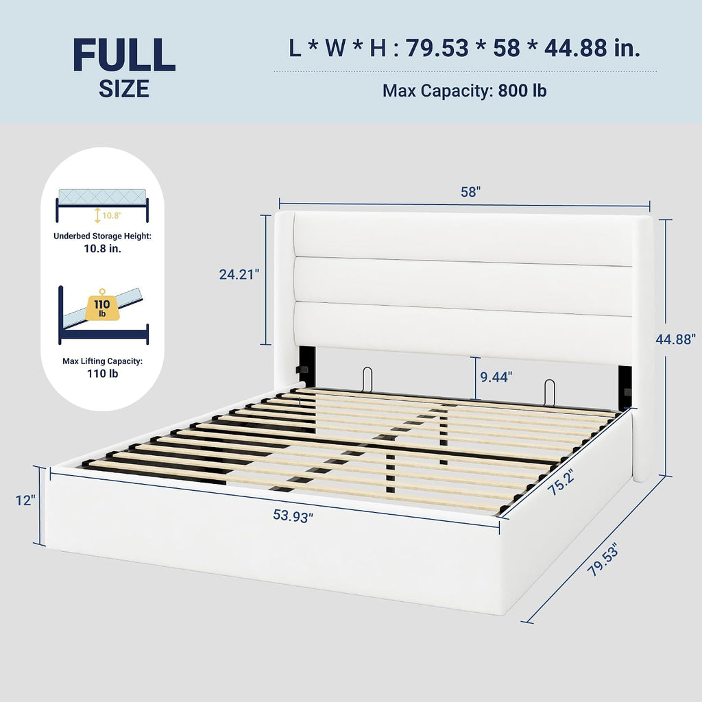 Allewie Full Size Velvet Lift Up Storage Bed, Modern Wingback Headboard, Hydraulic Support, No Box Spring Needed, White