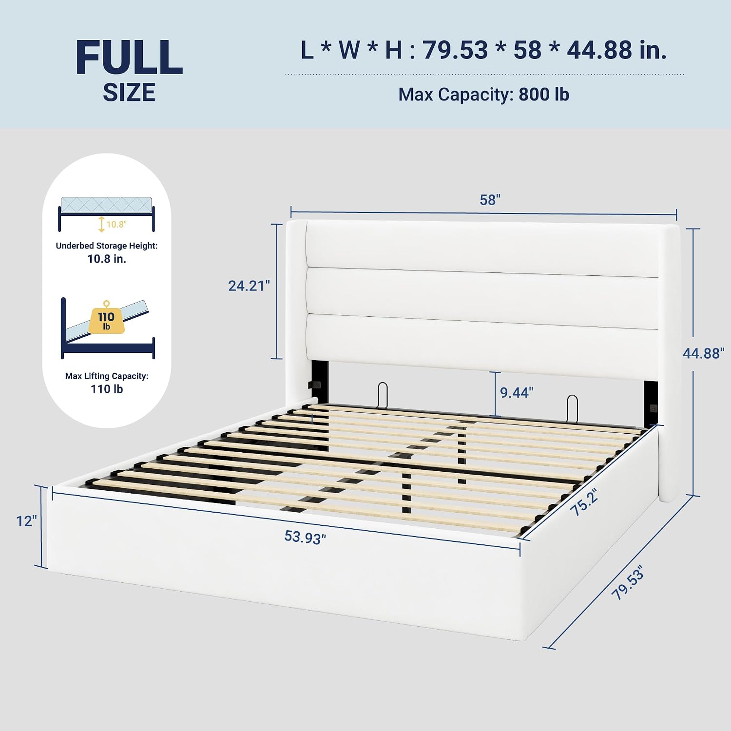 Allewie Full Size Velvet Lift Up Storage Bed, Modern Wingback Headboard, Hydraulic Support, No Box Spring Needed, White
