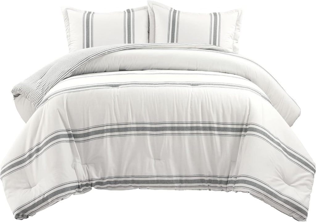 Lush Decor Farmhouse Stripe Reversible Cotton Comforter Set - 3 Piece Cozy Pinstripe Bedding Set - Classic Modern Rustic Charm Bedroom Decor - King, Dark Gray