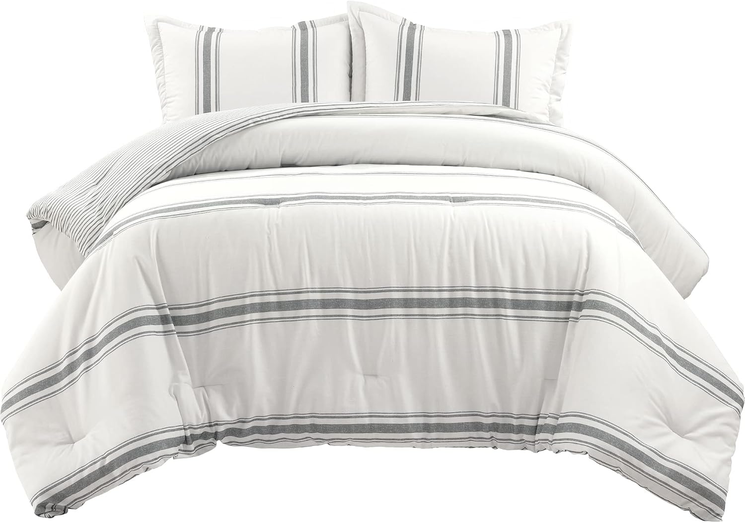 Lush Decor Farmhouse Stripe Reversible Cotton Comforter Set - 3 Piece Cozy Pinstripe Bedding Set - Classic Modern Rustic Charm Bedroom Decor - King, Dark Gray