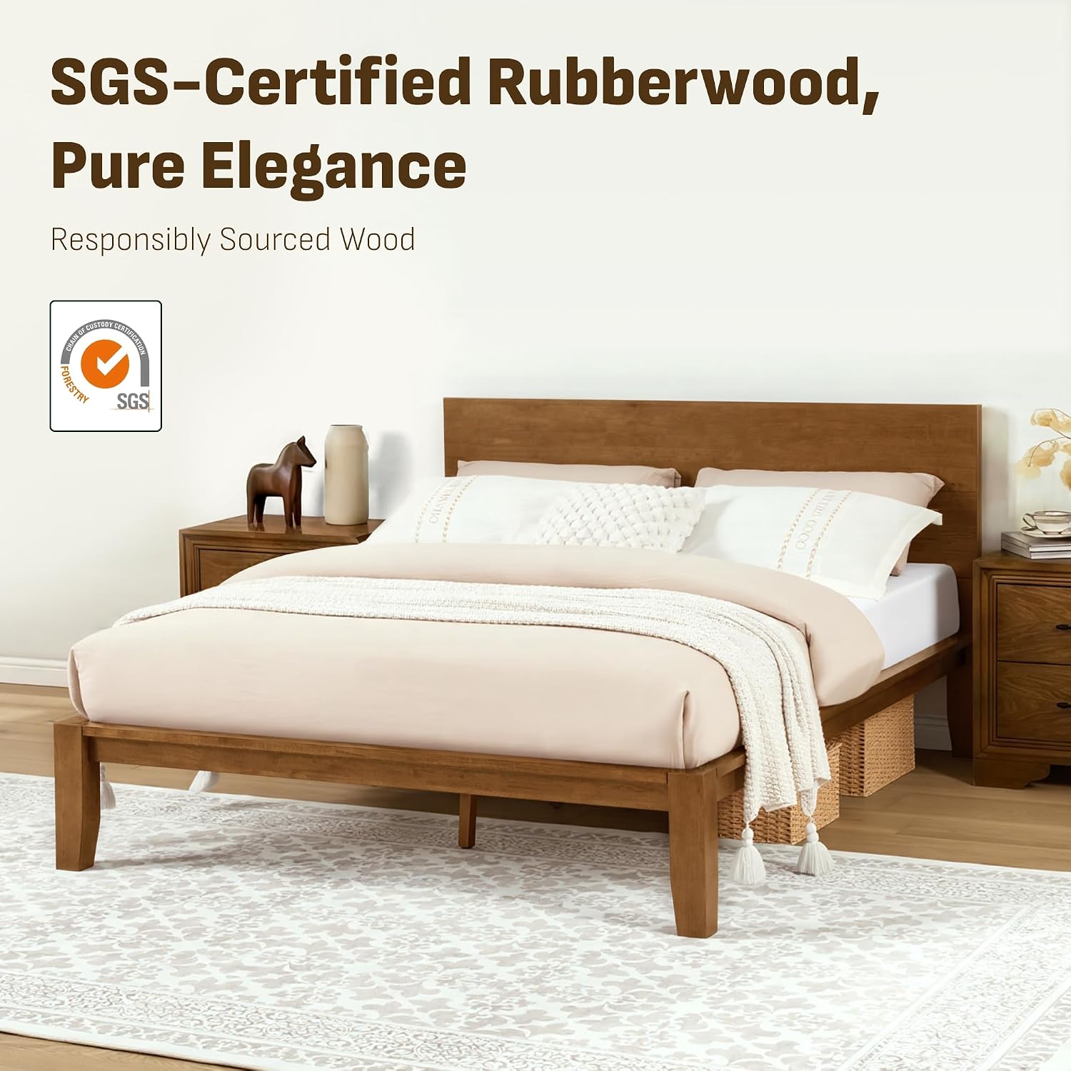 Softa Mikor Queen Japanese Joinery Bed Frame with Headboard, Solid Rubberwood Platform Bed, 1500 Lbs Heavy Duty, SGS Certified, 15Min No-Tool Setup, Storage Shelf, USB-A/C Port, No Box Spring Needed