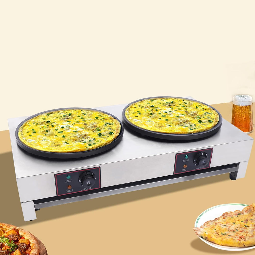 Commercial 2-Burner 15.75 ' Electric Griddle & Crepe Maker Machine Electric Crepe Maker with Adjustable Temperature forof crepes, pancakes, etc. ,Non-Stick Crepe Pan & Spatula