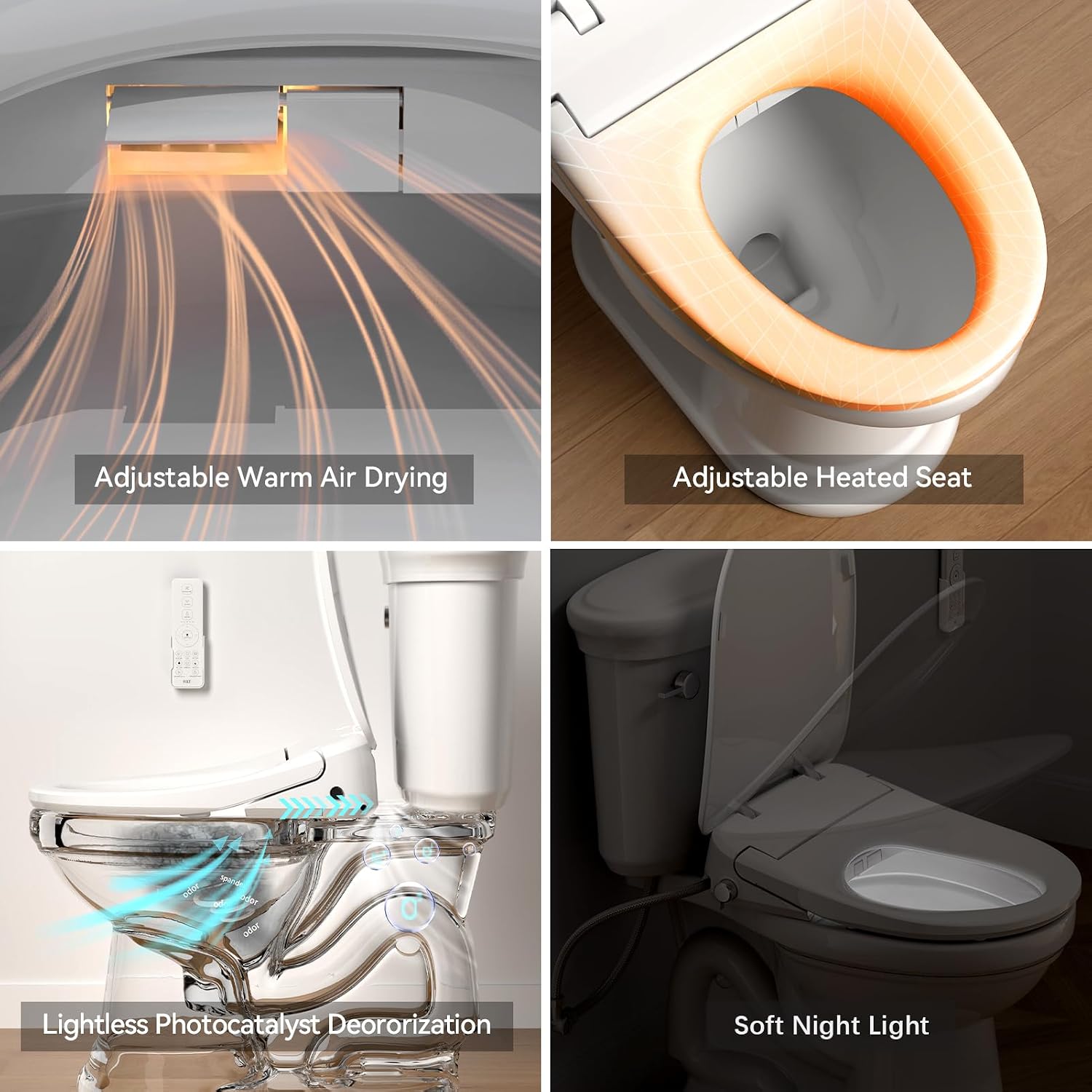 R&T V3200 Elongated Bidet Toilet Seat, Electric Bidet Seat with Adjustable Warm Water, Air Dryer, Heated Seat, Night Light, Deodorization
