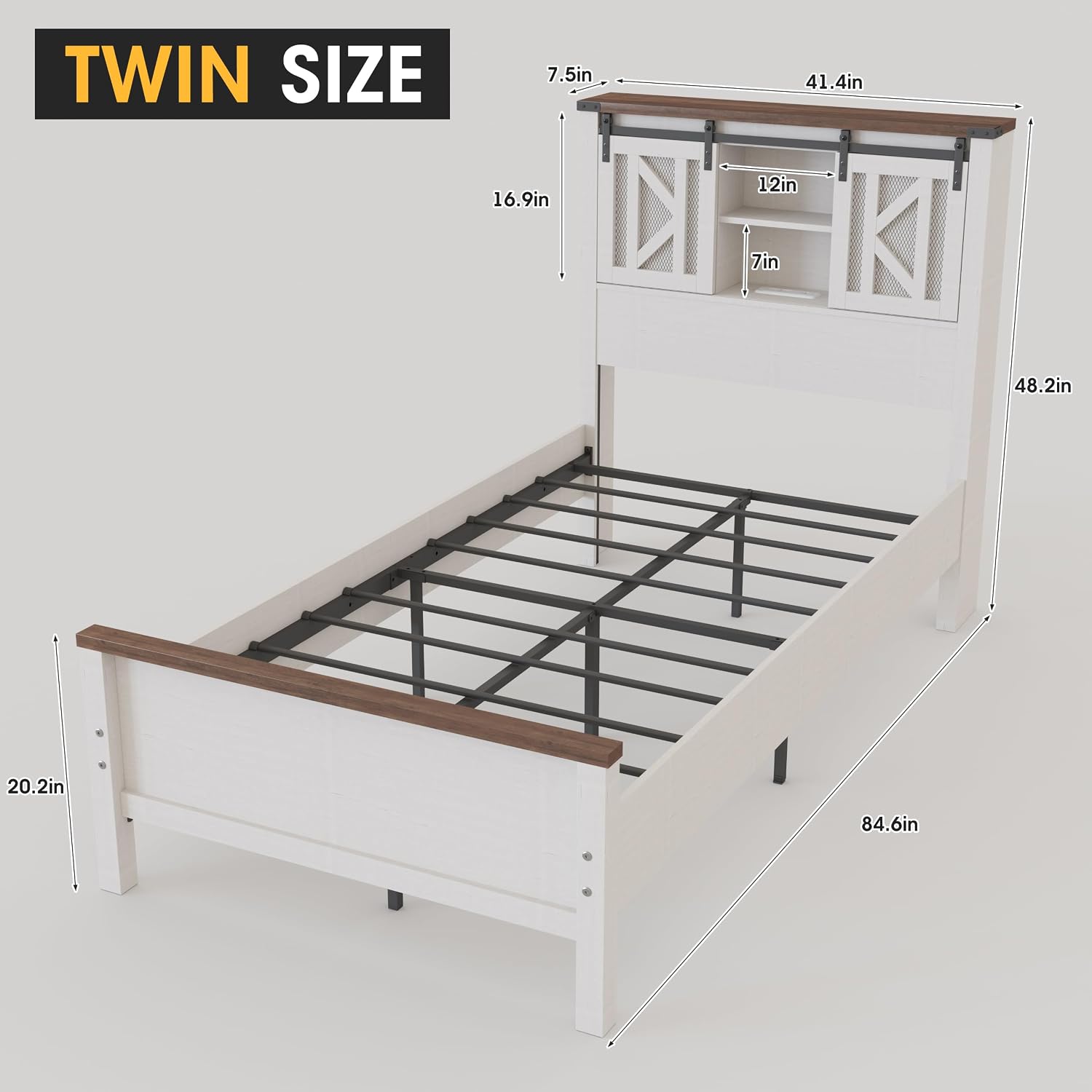 Vabches Farmhouse Twin Size Bed Frame with Storage Bookcase Headboard, LED Lights and Charging Station, Sliding Barn Door and Adjustable Shelves, No Box Spring Needed, White