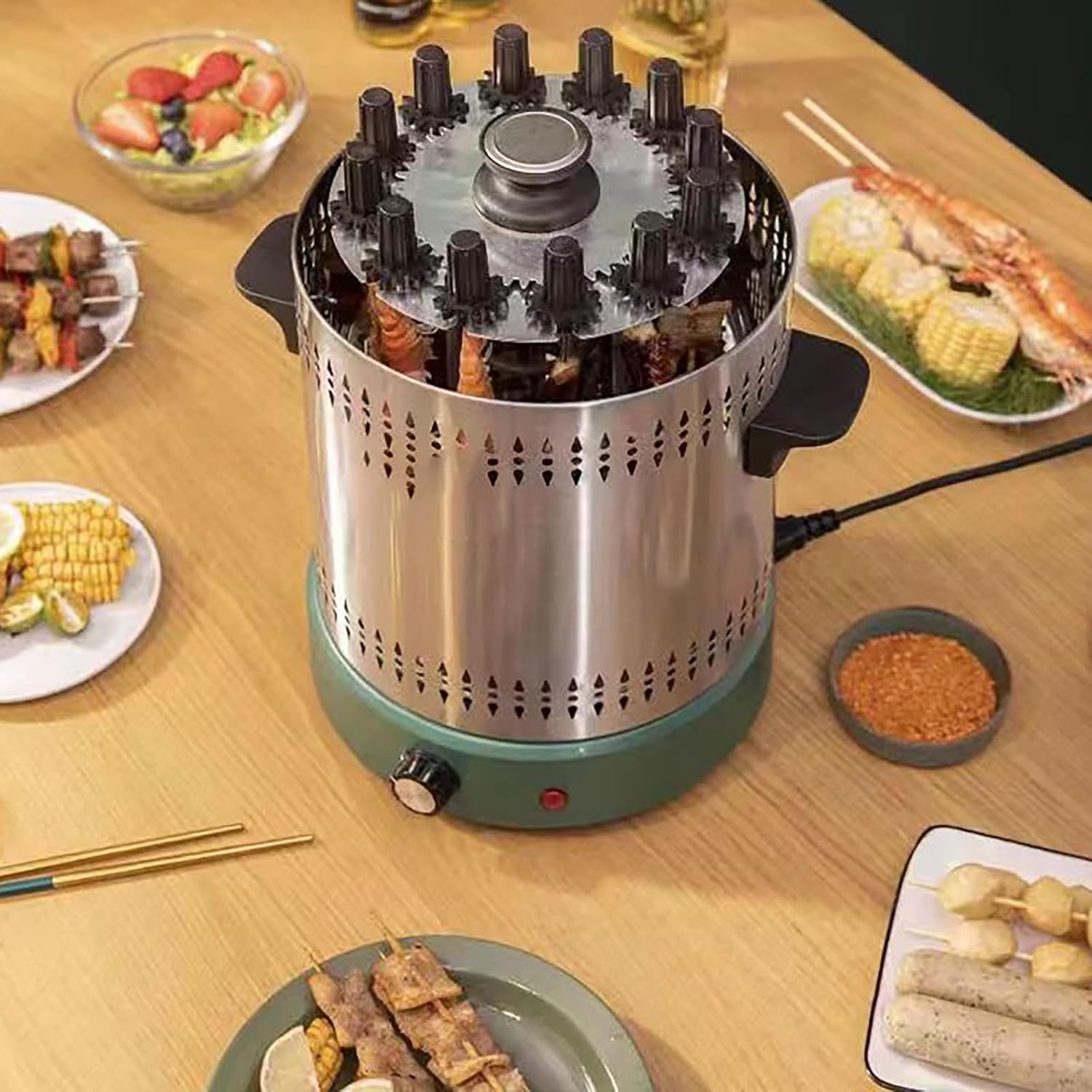 Rotating Electric Grill Smokeless Indoor 12 Skewers Vertical Grills Stainless Steel 360 Rotating Rapid Heating for Skewers Roast - Home Parties