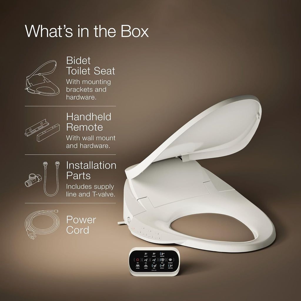 Kohler PureWash E750 Elongated Heated Bidet Toilet Seat, Touchscreen Remote Control, Biscuit, Quiet-Close Grip-Tight Lid, Self-Cleaning Wand, Warm Water Bidet, Adjustable Water Pressure, Nightlight