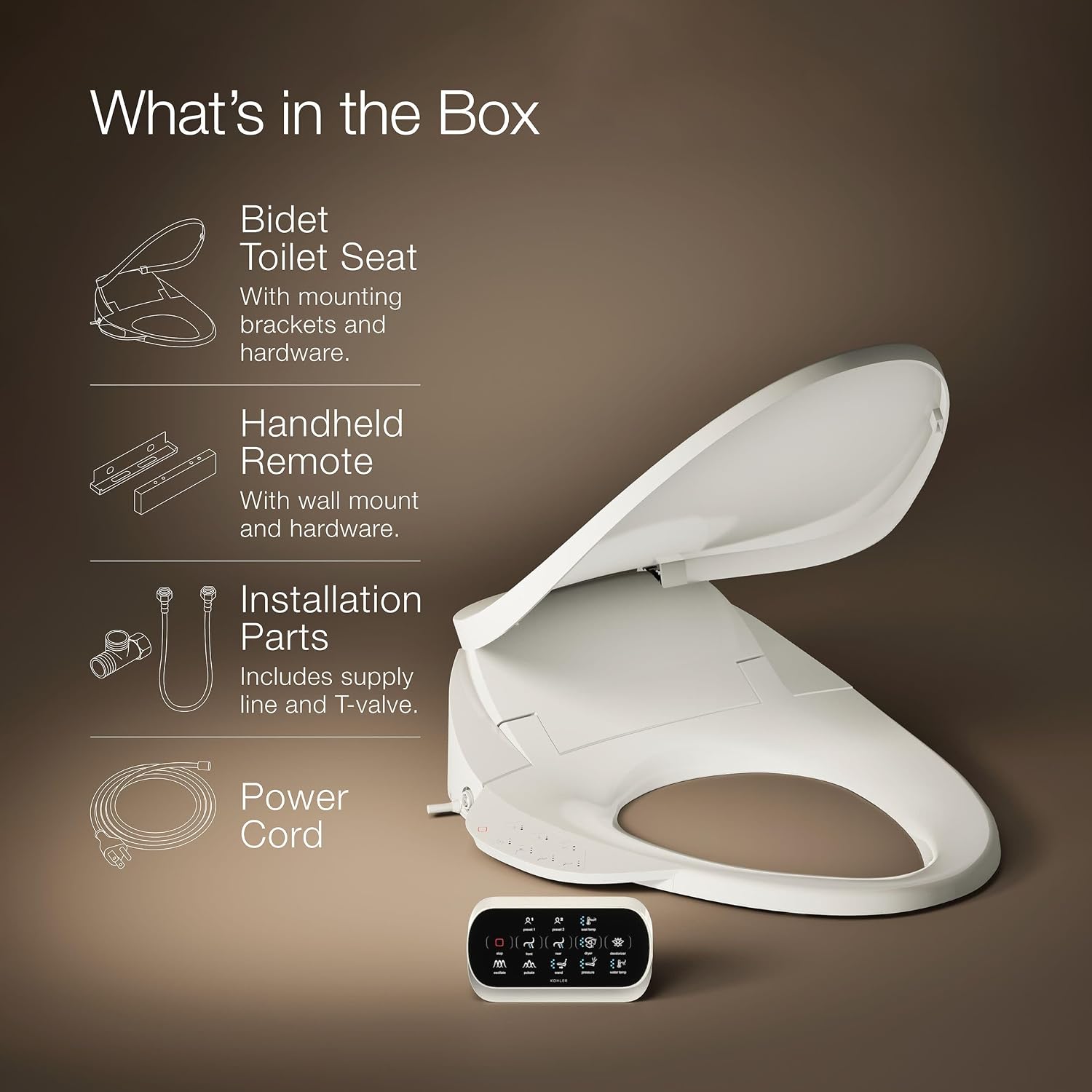 Kohler PureWash E750 Elongated Heated Bidet Toilet Seat, Touchscreen Remote Control, Biscuit, Quiet-Close Grip-Tight Lid, Self-Cleaning Wand, Warm Water Bidet, Adjustable Water Pressure, Nightlight