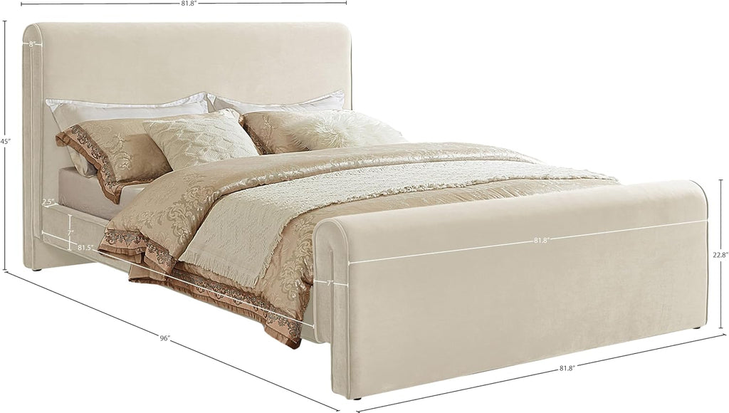 Meridian Furniture SloanCream-K Sloan Collection Modern | Contemporary Velvet Upholstered King Bed with Rich Soft Cream Velvet, Curved Headboard and Footboard, 82' W x 96' D x 45' H, Cream, King